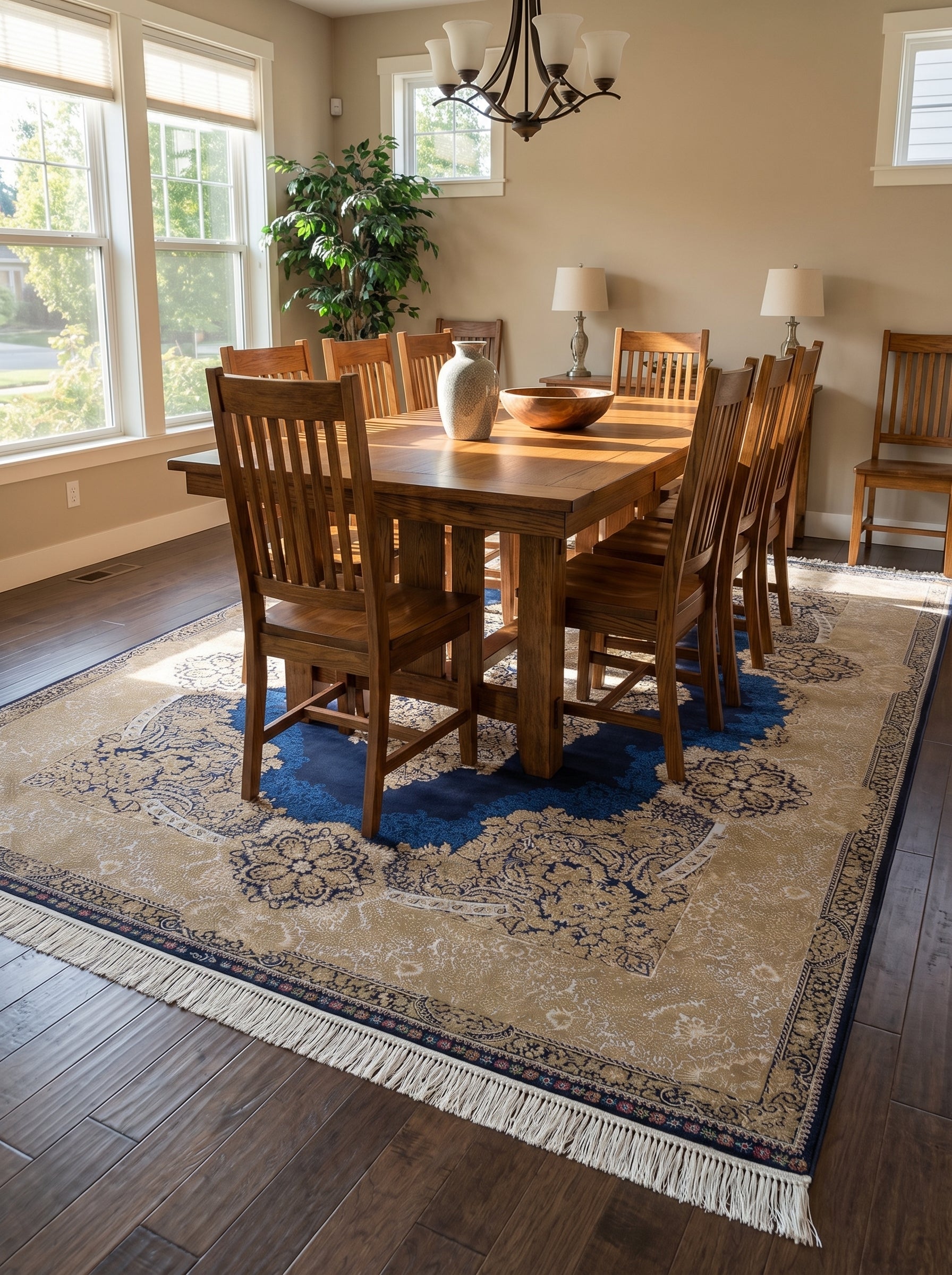 Tapis beige et bleu marine à motifs floraux et ornementaux, avec franges, dans une salle à manger