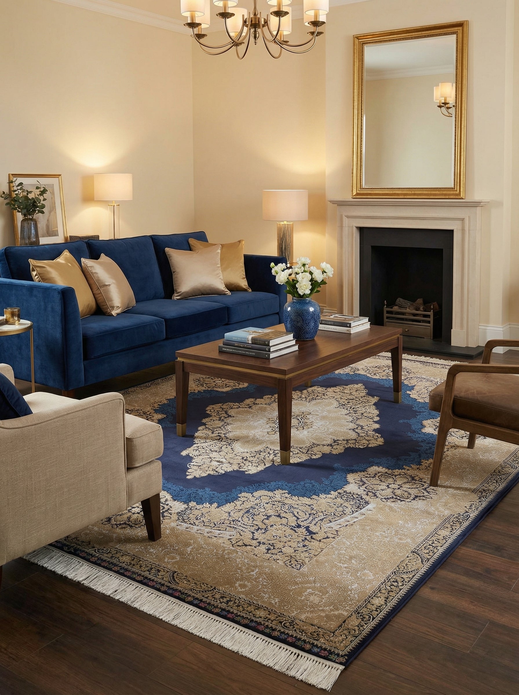 Tapis rectangulaire à motifs floraux ornementaux bleu marine et beige doré, avec un médaillon central et franges, dans un salon élégant