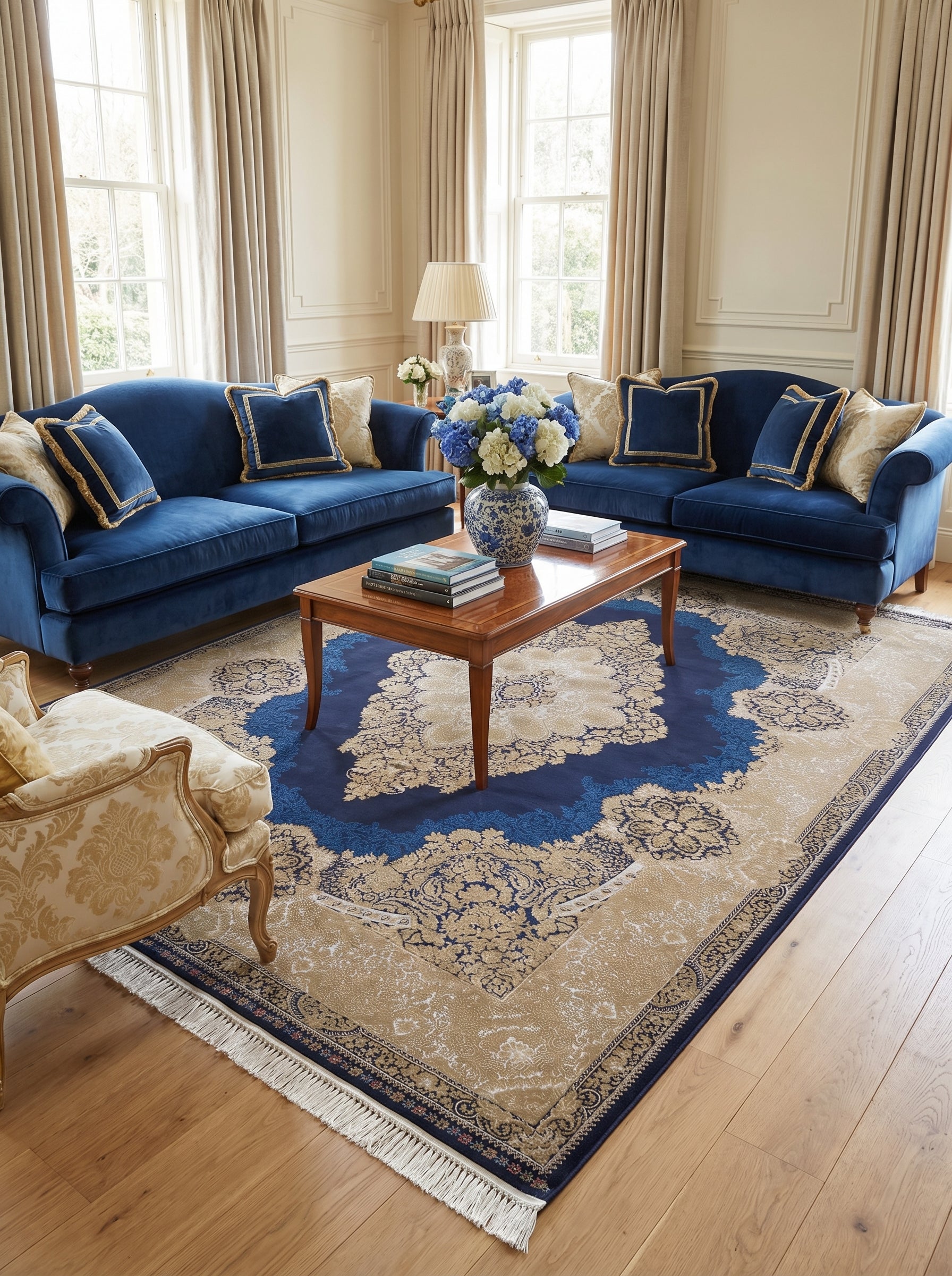 Tapis rectangulaire en velours bleu marine et doré, à motifs ornementaux traditionnels, dans un salon élégant