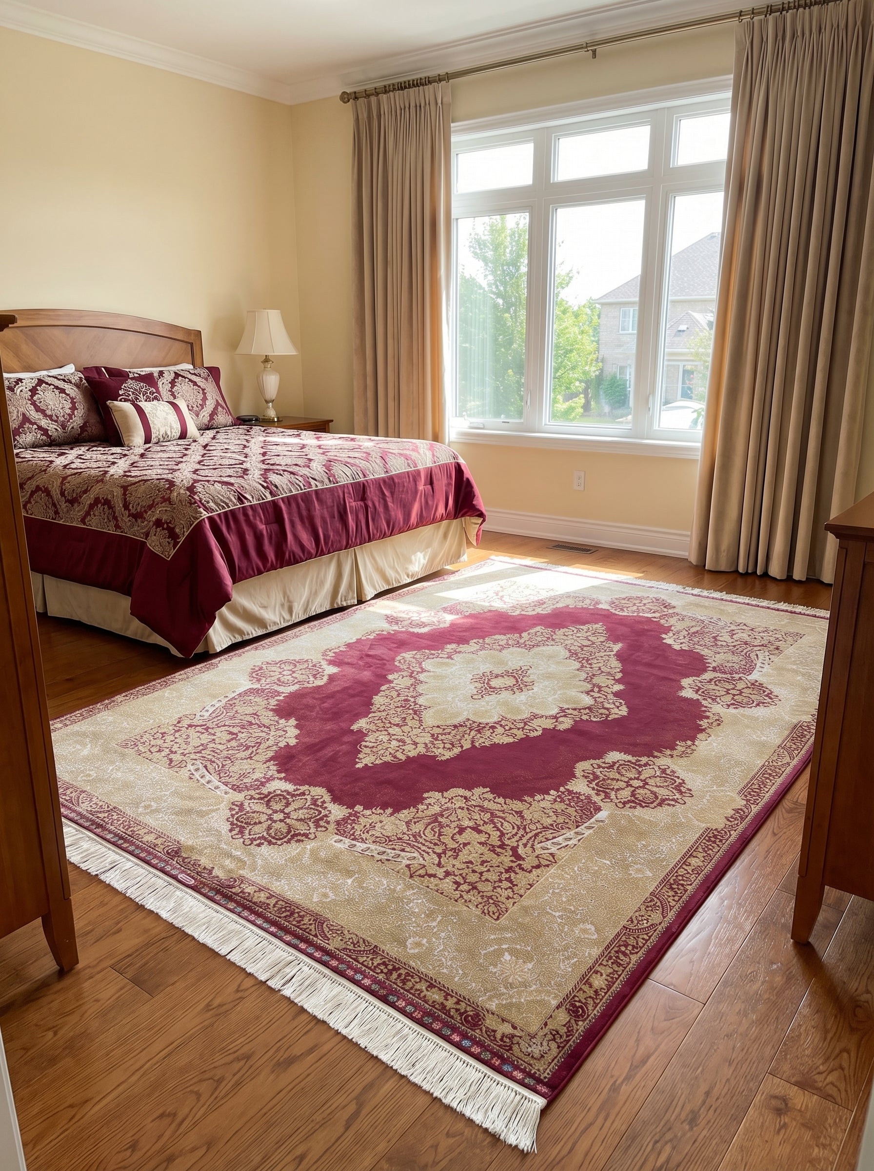 Tapis rectangulaire tissé, motifs floraux et arabesques bordeaux sur fond beige avec franges claires, posé sur un parquet dans une chambre