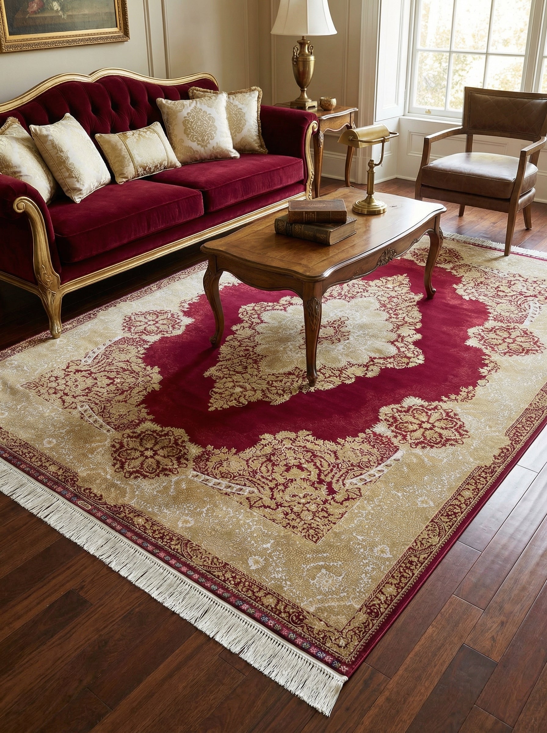 Tapis rectangulaire aux motifs floraux et ornementaux rouge bordeaux et doré, à franges claires, posé dans un salon meublé