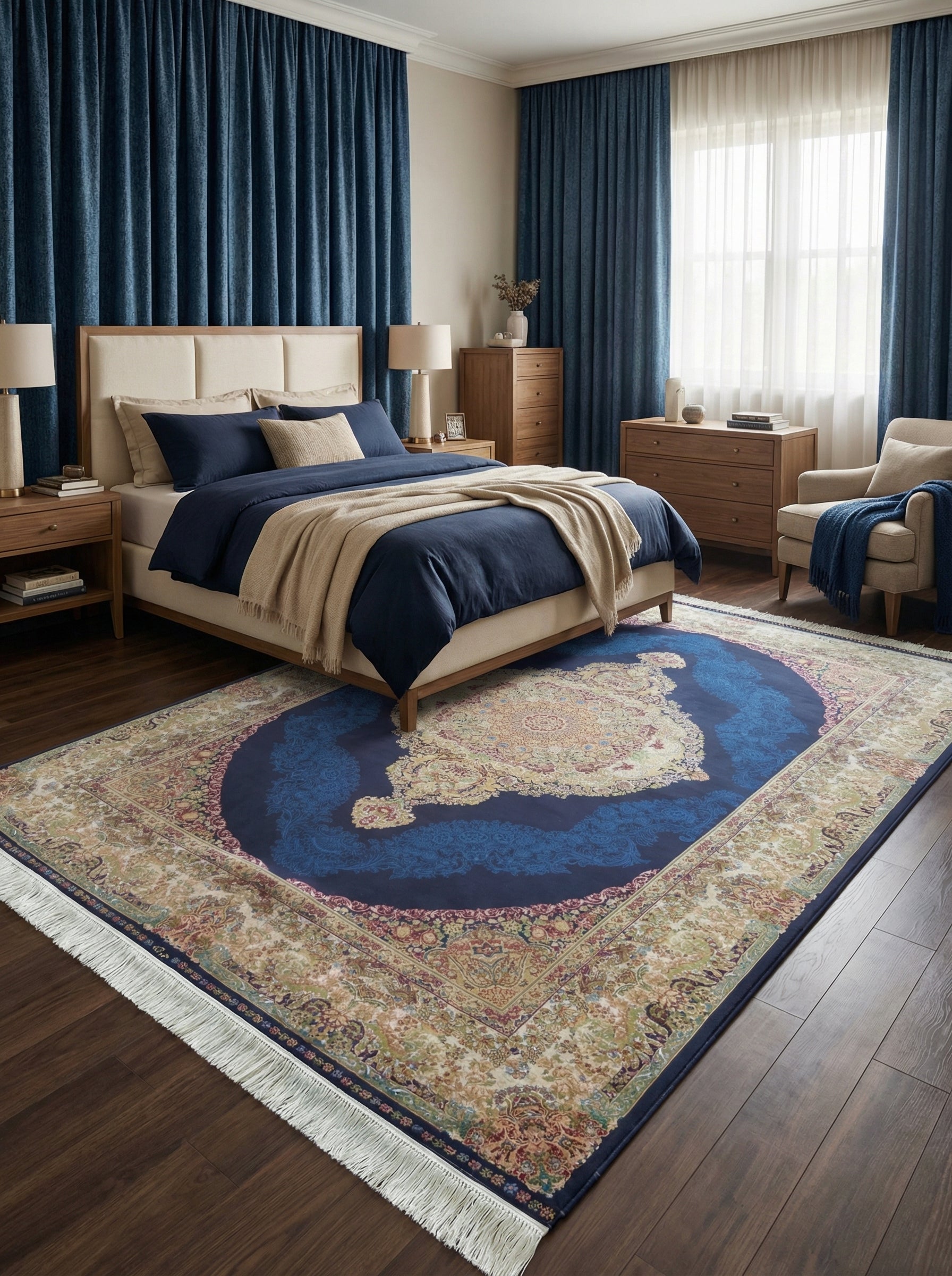 Tapis rectangulaire bleu marine avec médaillon central clair et bordure florale riche, frangé. Posé sur un plancher de bois dans une chambre