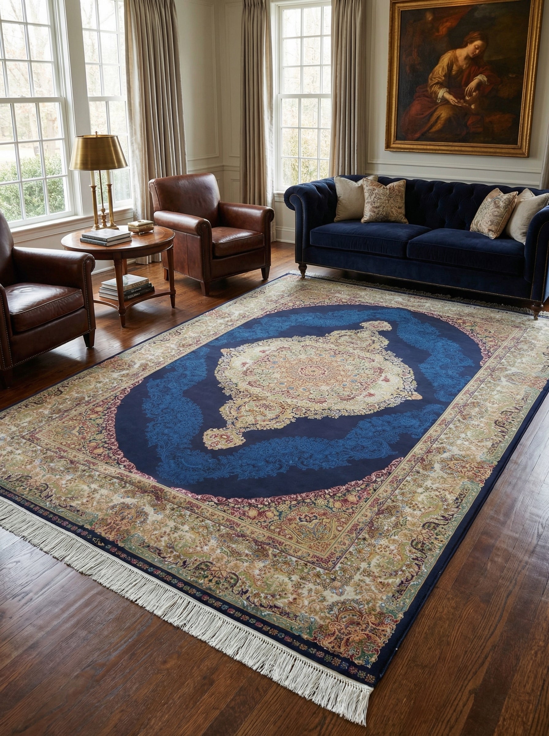 Tapis rectangulaire bleu marine, médaillon central crème et motifs floraux complexes beige, rouge, vert, bordé de franges, dans un salon classique
