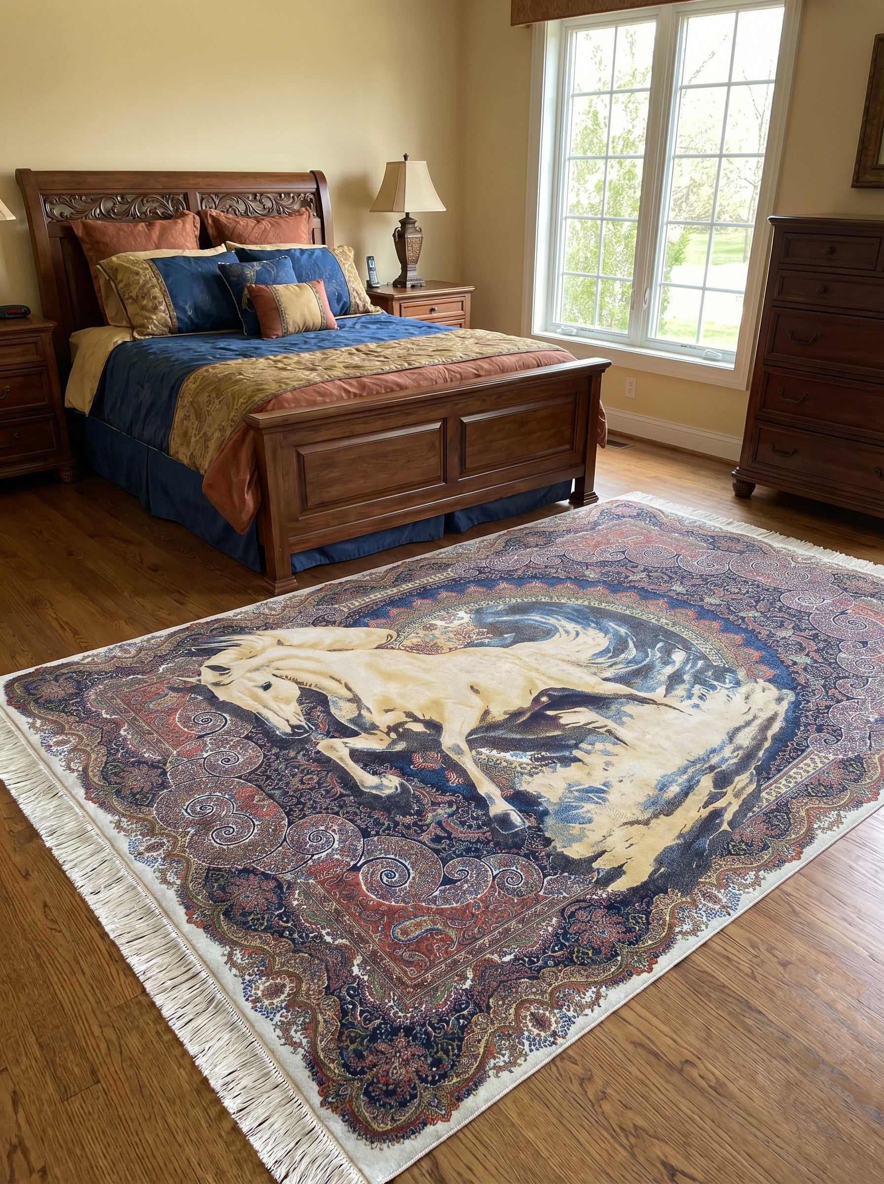 Tapis rectangulaire à franges, avec un cheval blanc détaillé au centre sur fond bleu, entouré de motifs cachemire rouges, bleus et dorés. Dans une chambre à coucher