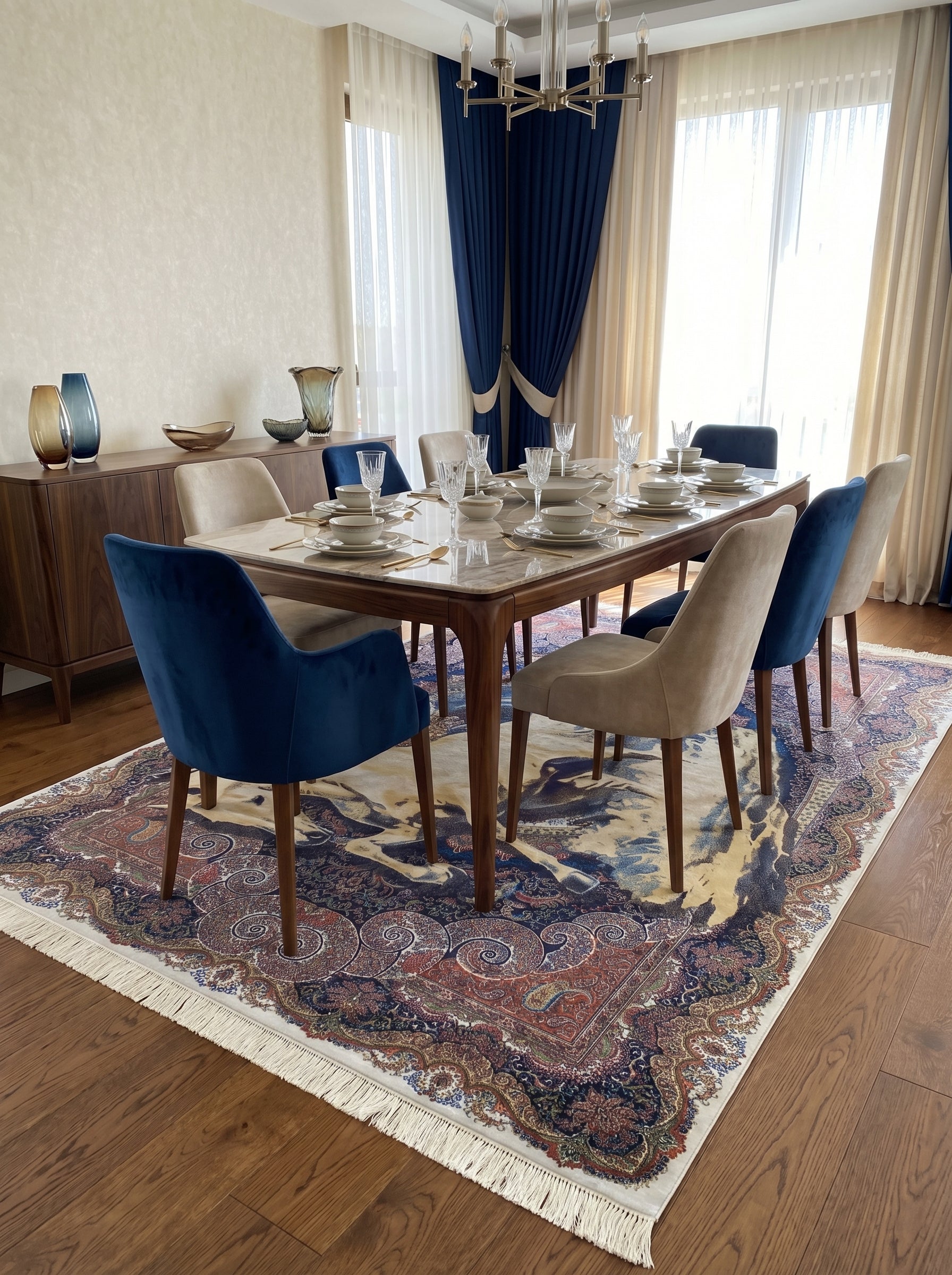 Tapis rectangulaire à franges, avec motifs cachemire traditionnels rouges, bleu nuit et crème, et un centre abstrait bleu clair et beige, dans une salle à manger