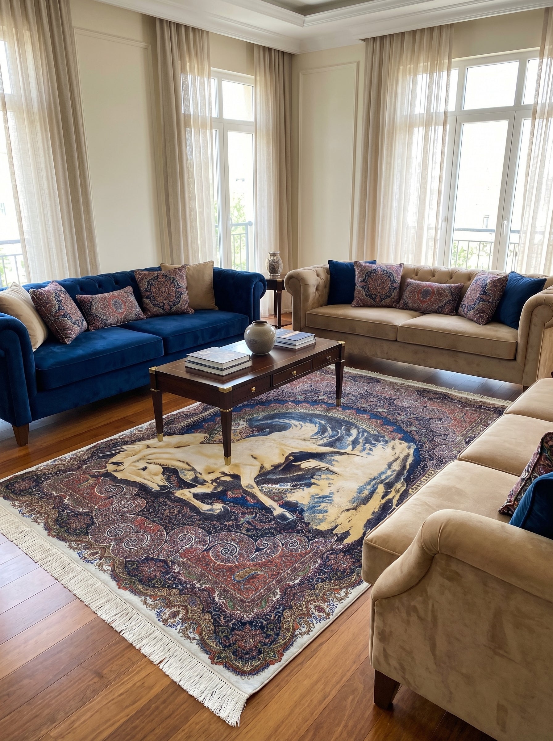 Grand tapis rectangulaire aux motifs cachemire bordeaux et bleu foncé, avec un cheval crème couché au centre, franges claires, dans un salon