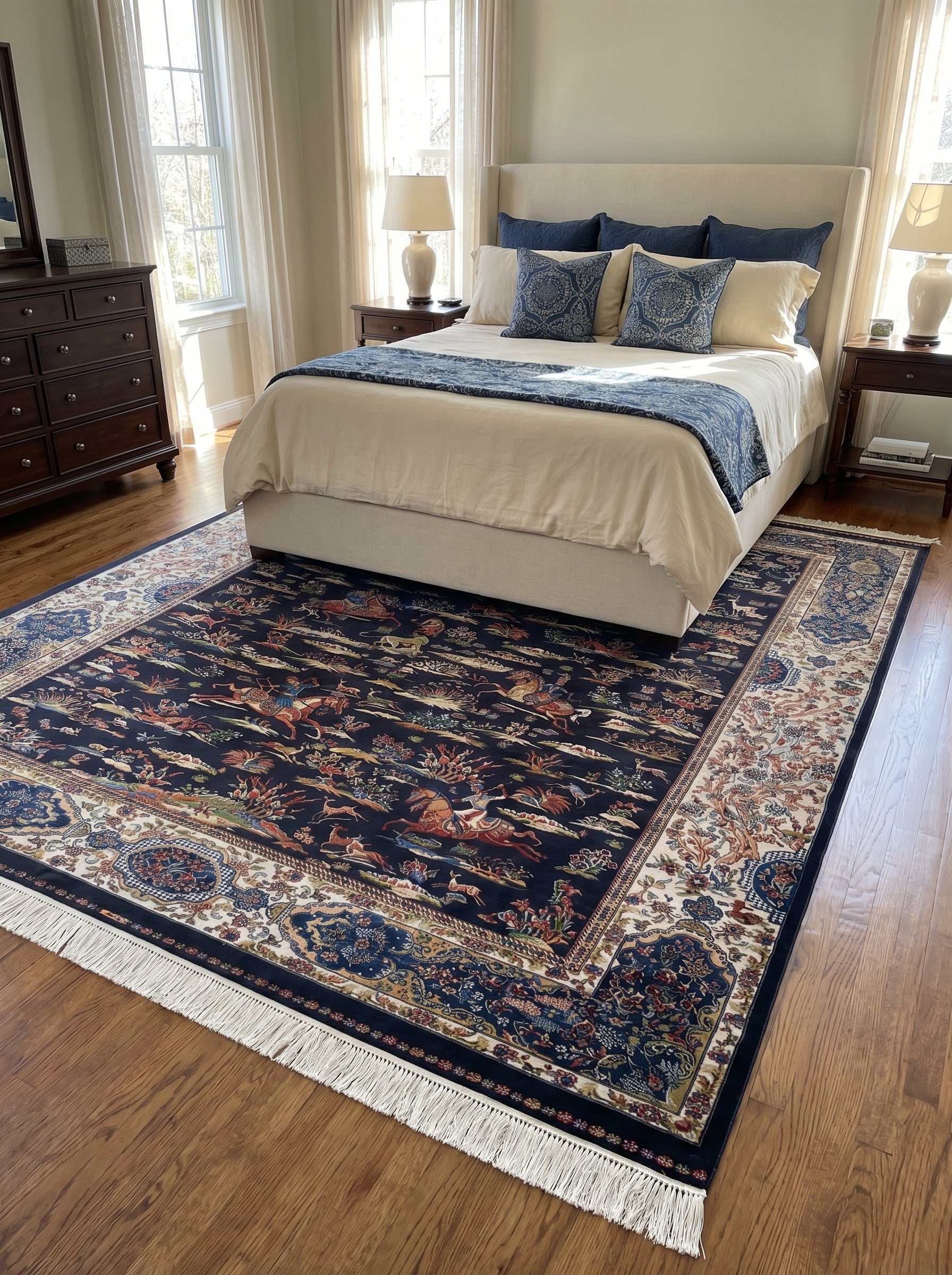 Tapis rectangulaire bleu marine aux motifs de chasse détaillés et de larges bordures fleuries crème, dans une chambre