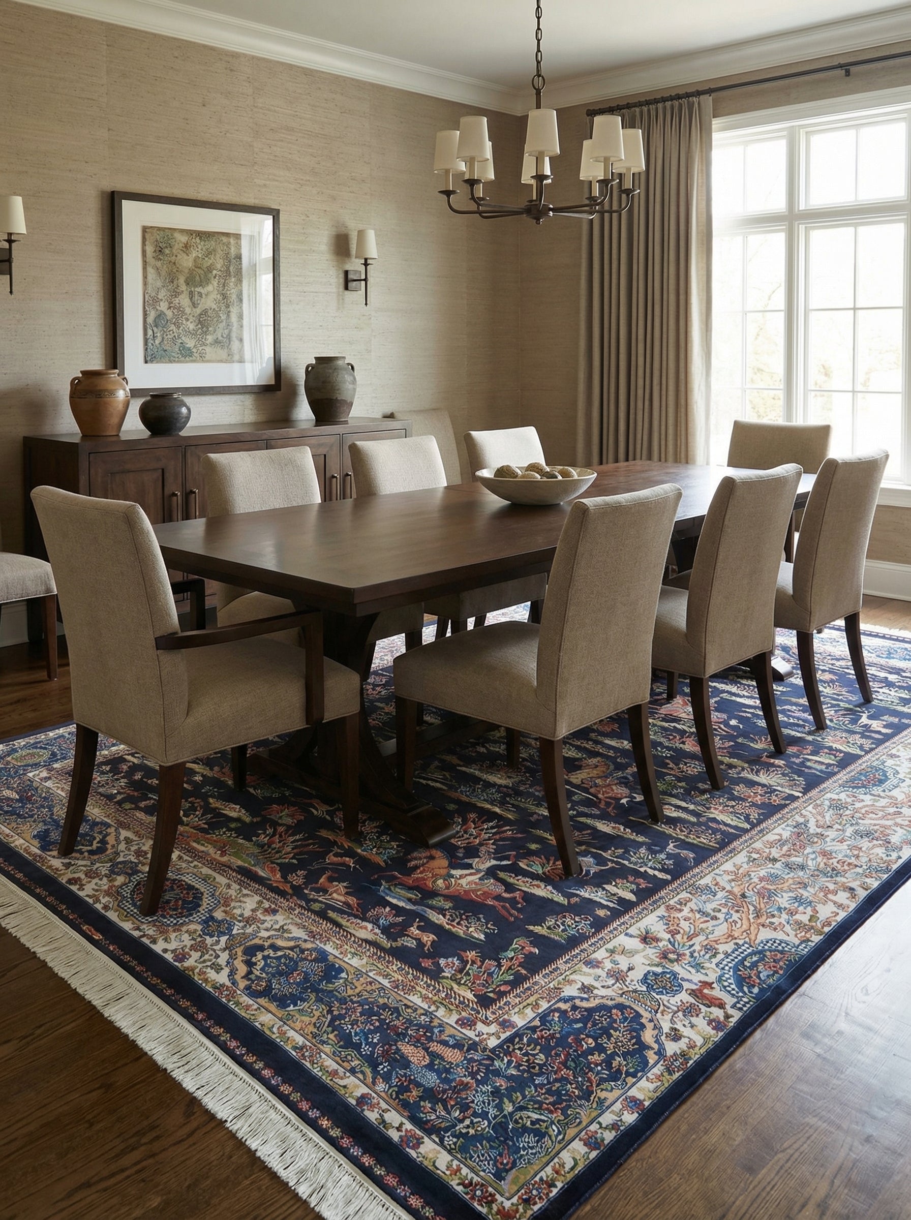 Tapis bleu nuit et crème à motifs orientaux variés, avec franges. Il est au centre d'une salle à manger élégante