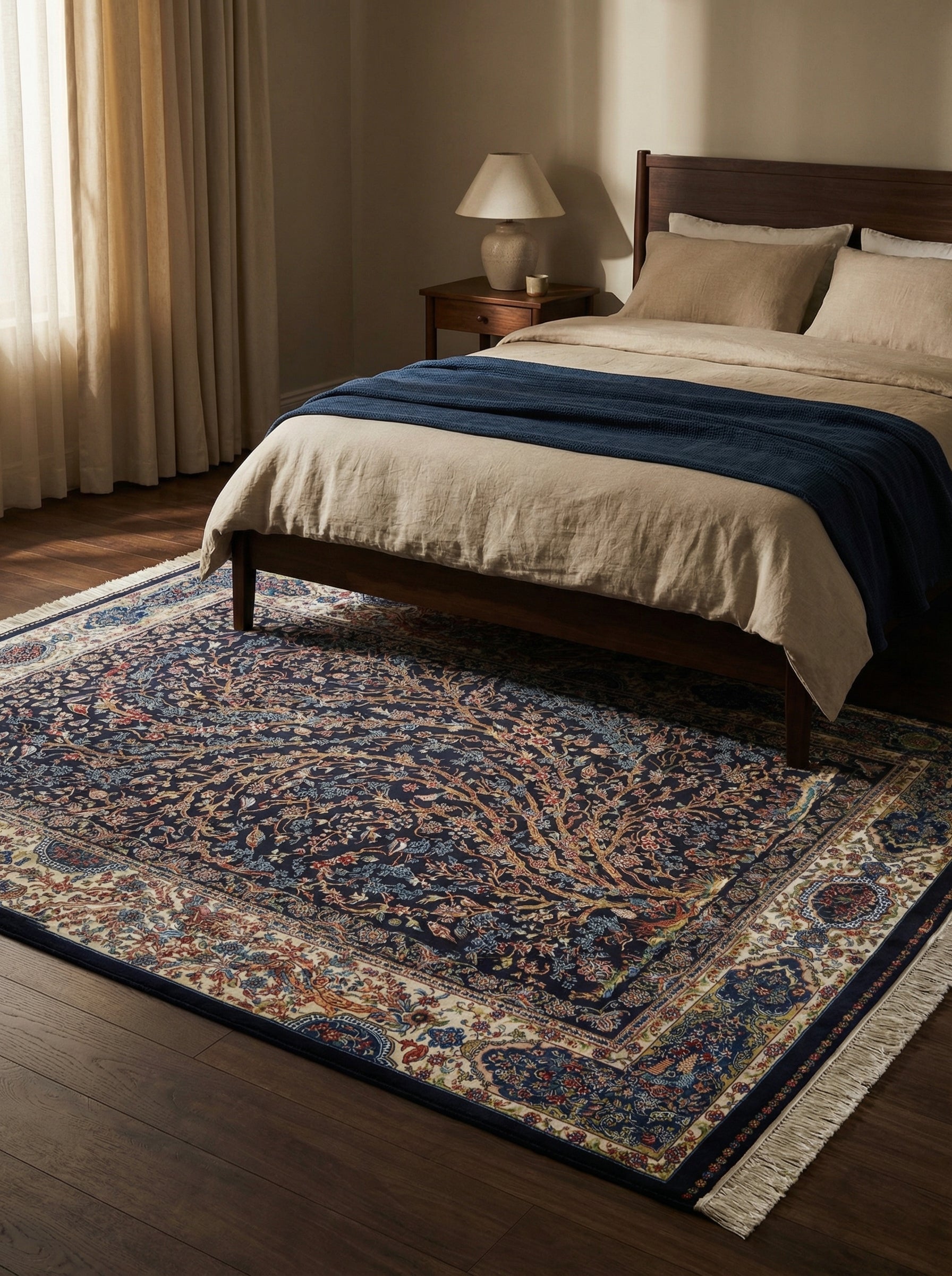 Tapis rectangulaire à motifs persans bleu marine, or et rouge, avec bordure crème, sur un parquet en bois dans une chambre