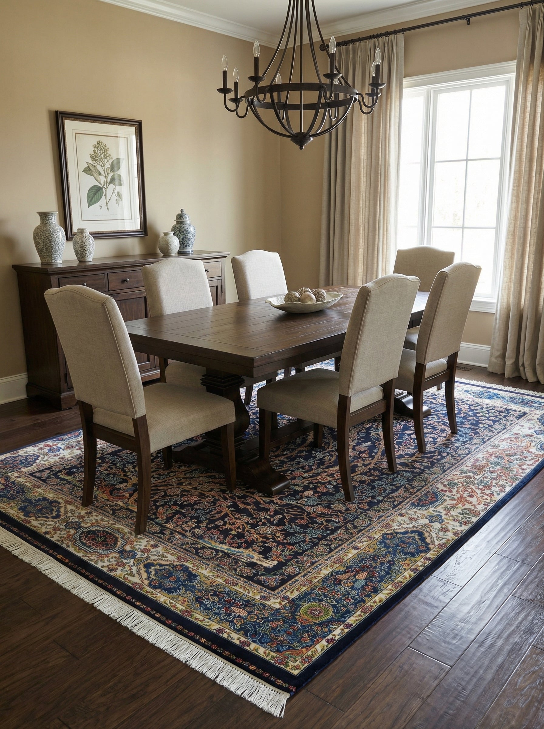 Tapis rectangulaire bleu marine à motifs floraux traditionnels polychromes, bordure claire et franges, dans une salle à manger