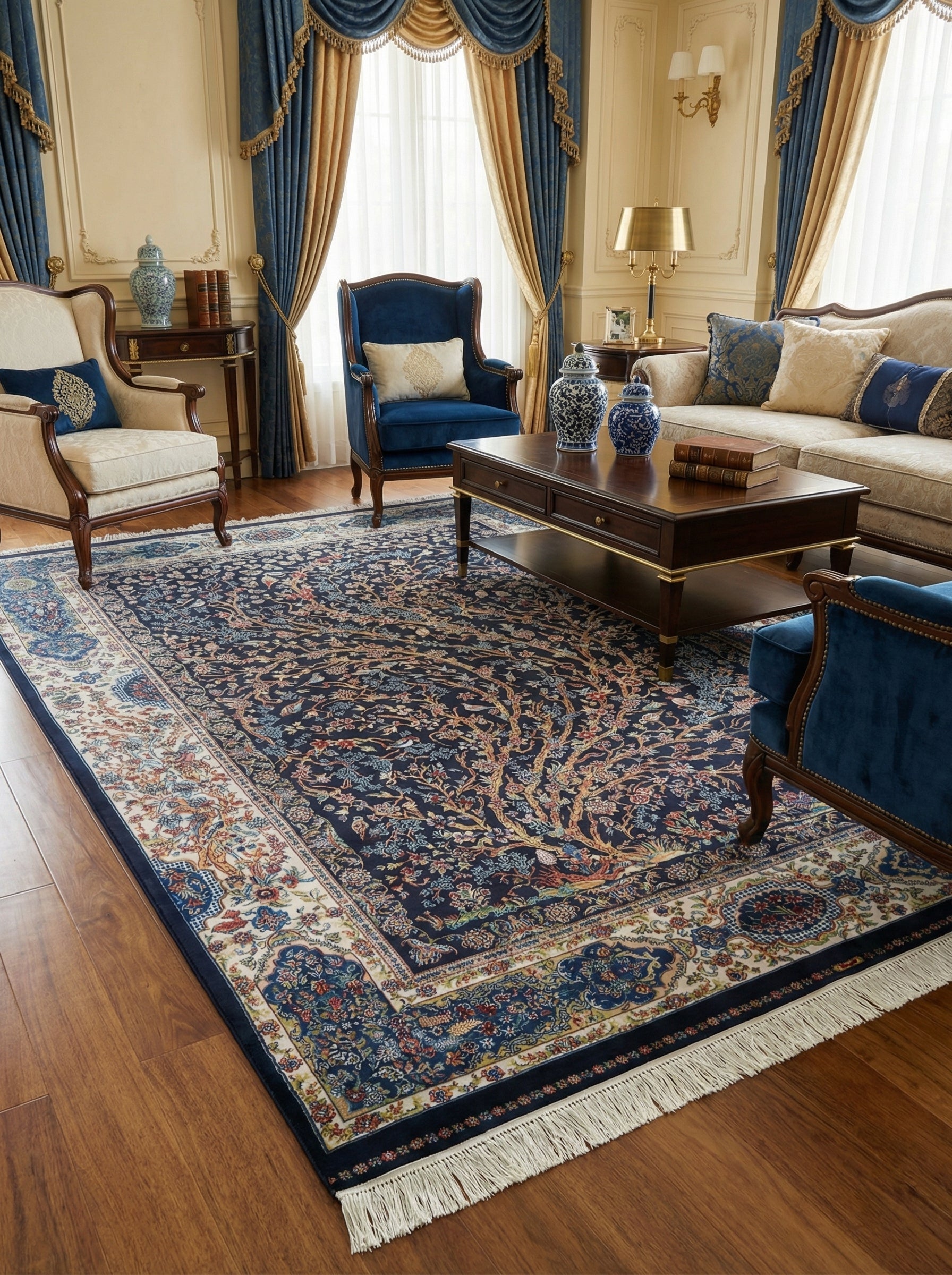 Grand tapis bleu marine rectangulaire à motif d'arbre de vie et bordures florales multicolores, dans un salon élégant