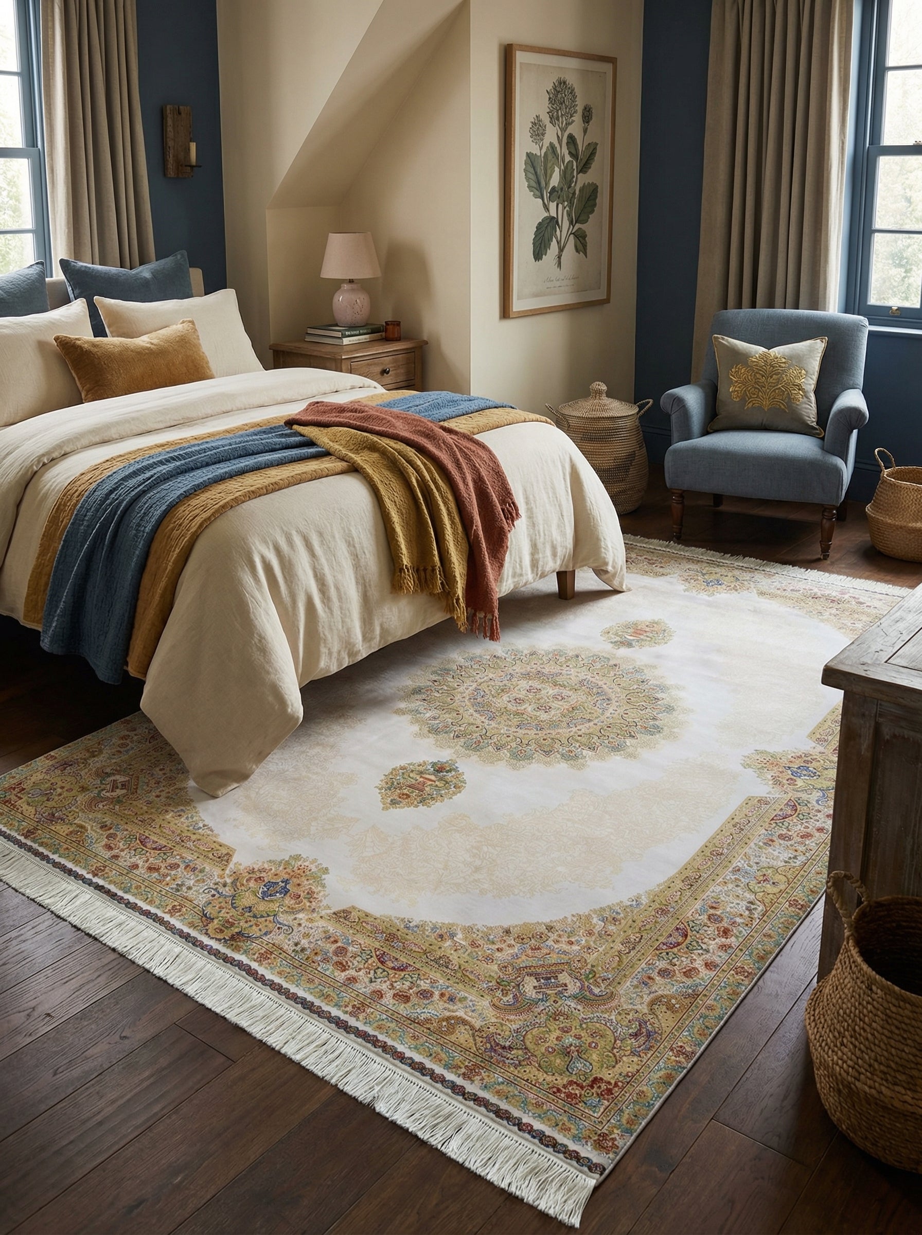 Tapis rectangulaire crème à motifs floraux orientaux multicolores orné de médaillons, avec une bordure richement décorée et des franges. Il est posé sur un parquet foncé dans une chambre confortable