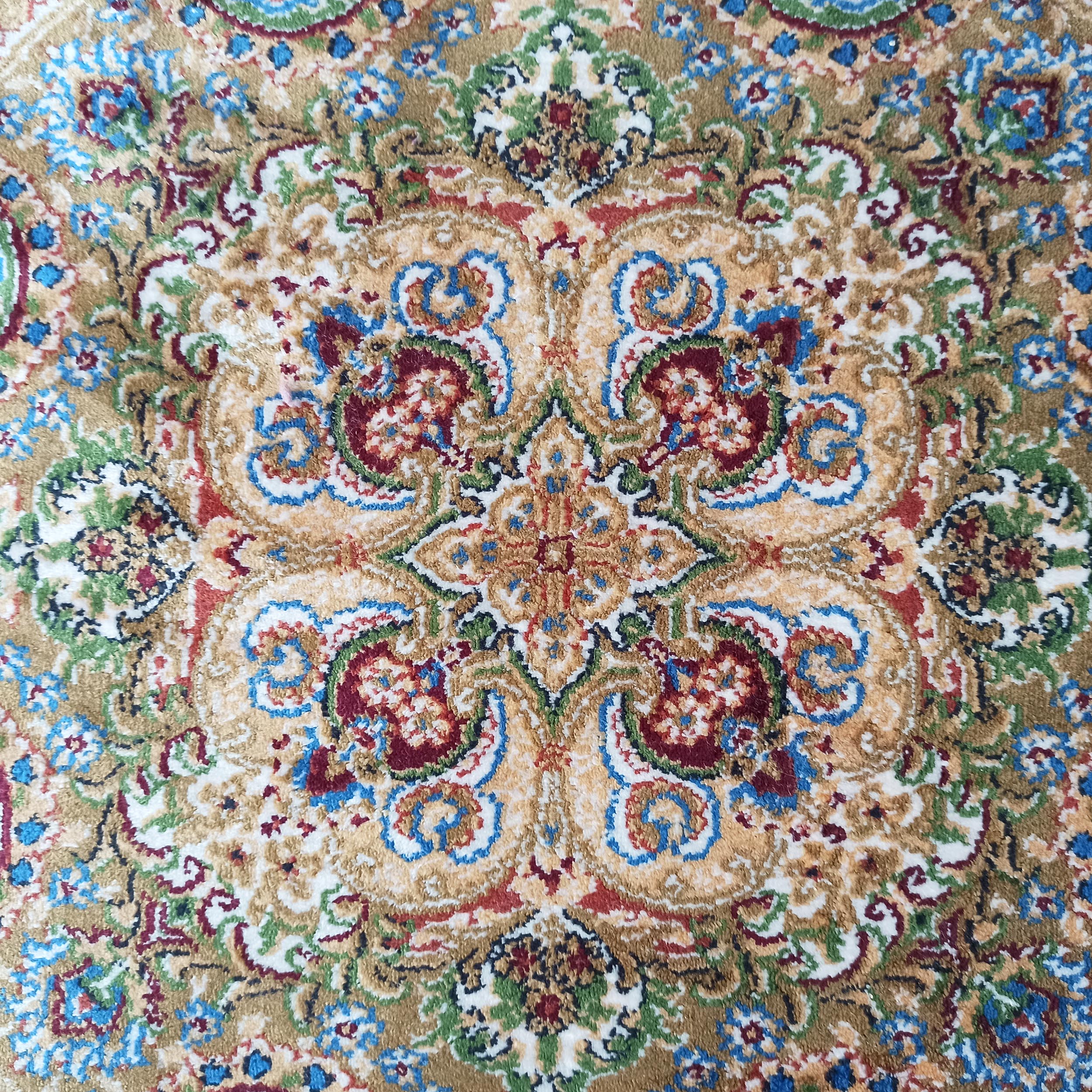 Tapis aux motifs ornementaux et floraux riches en beige, bleu, rouge, vert et blanc cassé, avec une texture douce