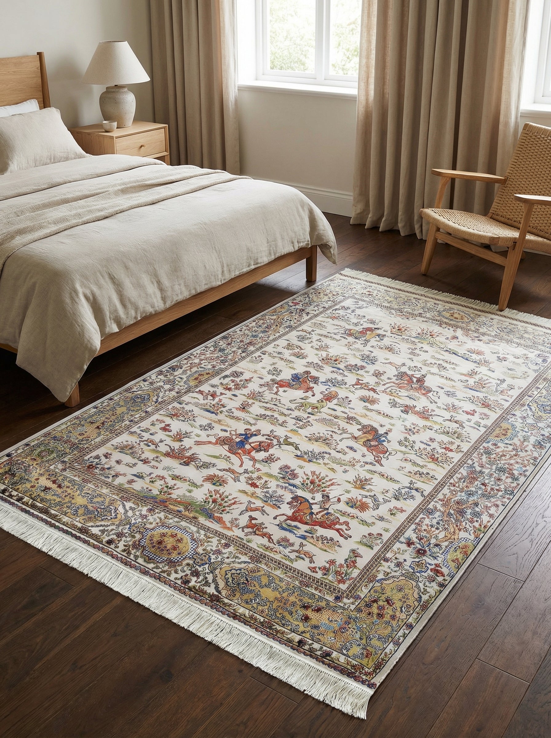 Tapis rectangulaire crème à motifs de chasse orientaux très colorés avec franges, posé sur un plancher en bois dans une chambre