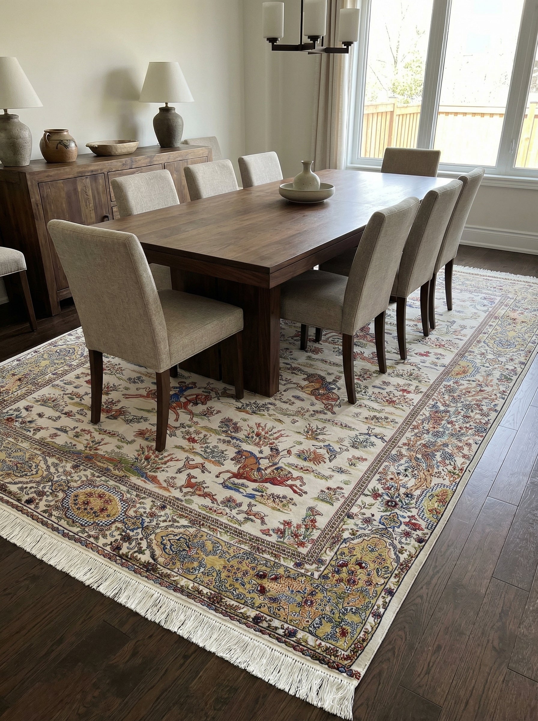 Grand tapis rectangulaire crème orné de motifs orientaux détaillés et colorés (cavaliers, cerfs, fleurs) dans une salle à manger