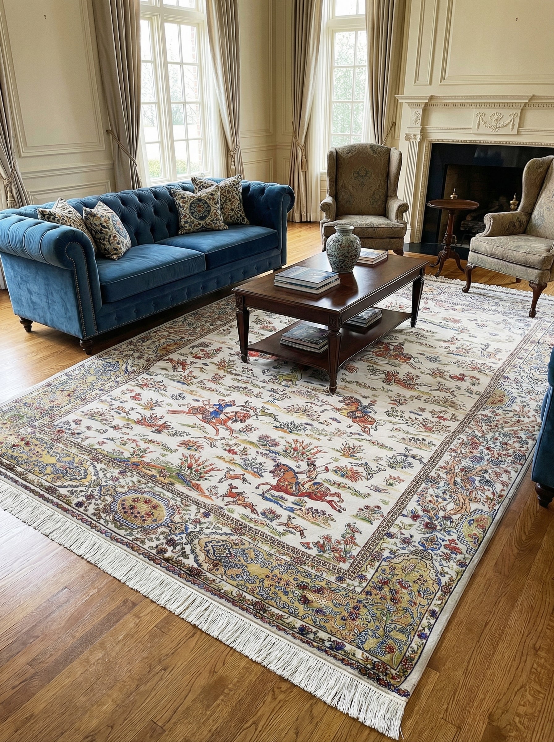 Grand tapis rectangulaire crème à motifs de scène de chasse multicolore et bordures florales détaillées dans un salon élégant