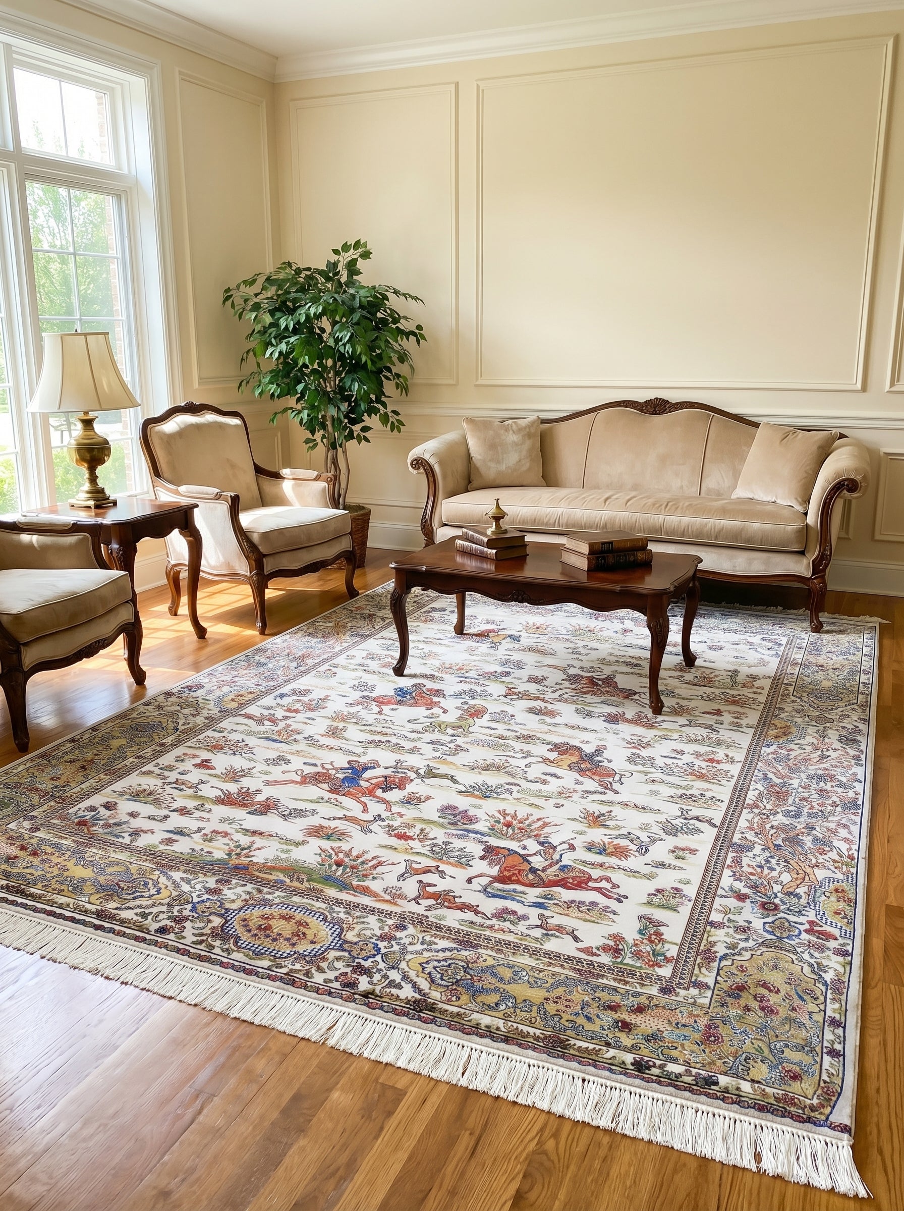 Tapis rectangulaire à fond crème orné de scènes de chasseurs à cheval, d'animaux et de motifs floraux vifs, posé dans un salon