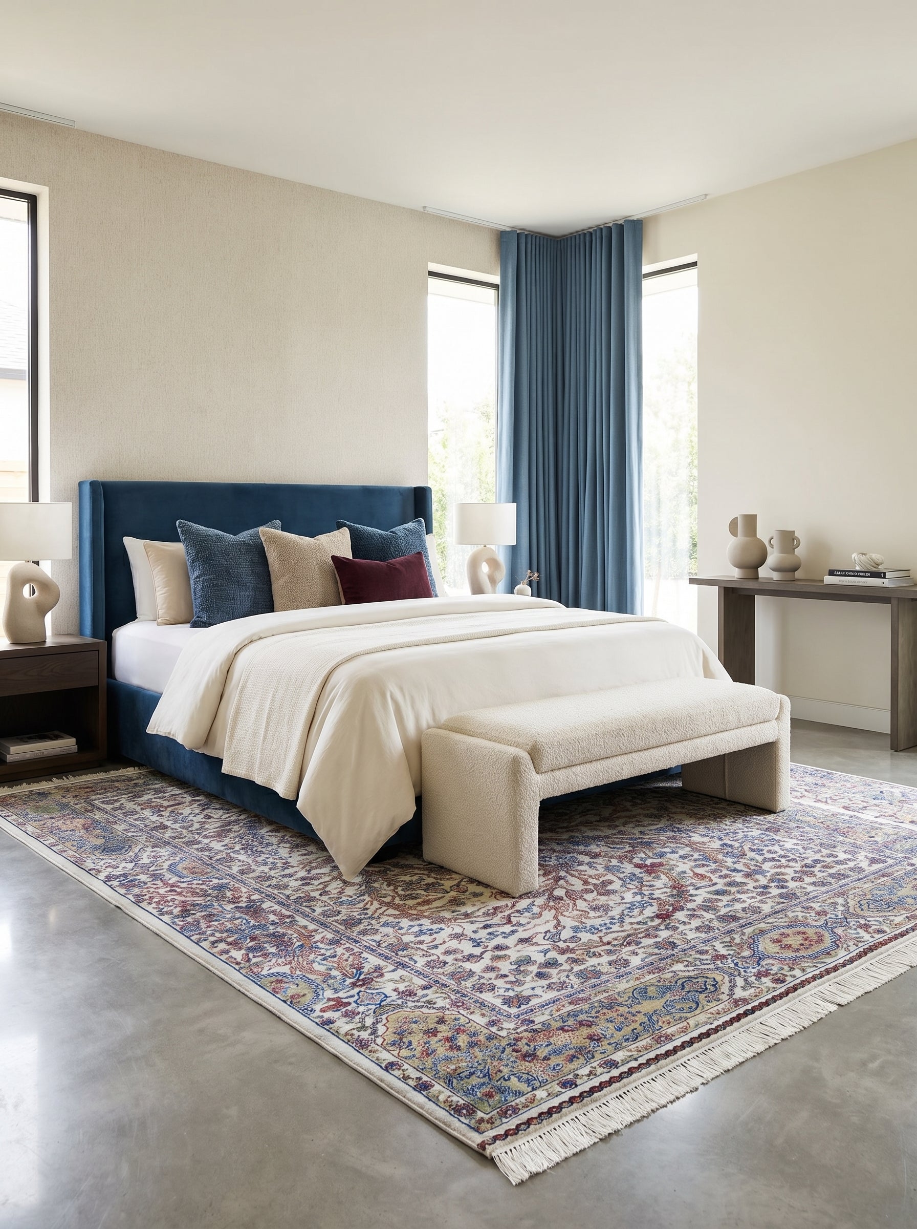 Tapis rectangulaire tissé aux motifs floraux et médaillons complexes bleus, bordeaux et ocre sur fond crème, avec franges, dans une chambre