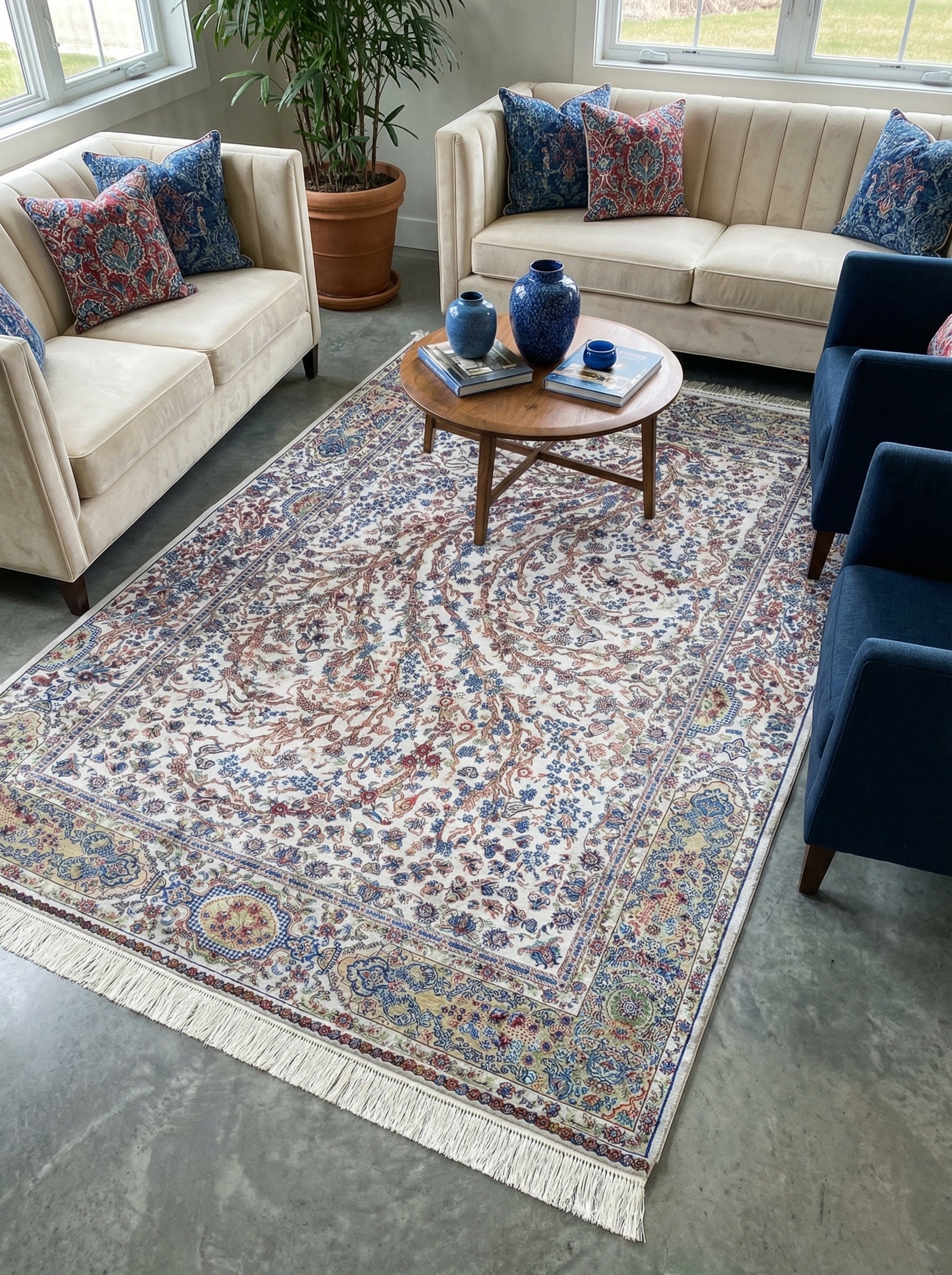 Tapis rectangulaire à fond crème avec des motifs floraux complexes bleus, rouges et dorés, bordé de franges, dans un salon lumineux
