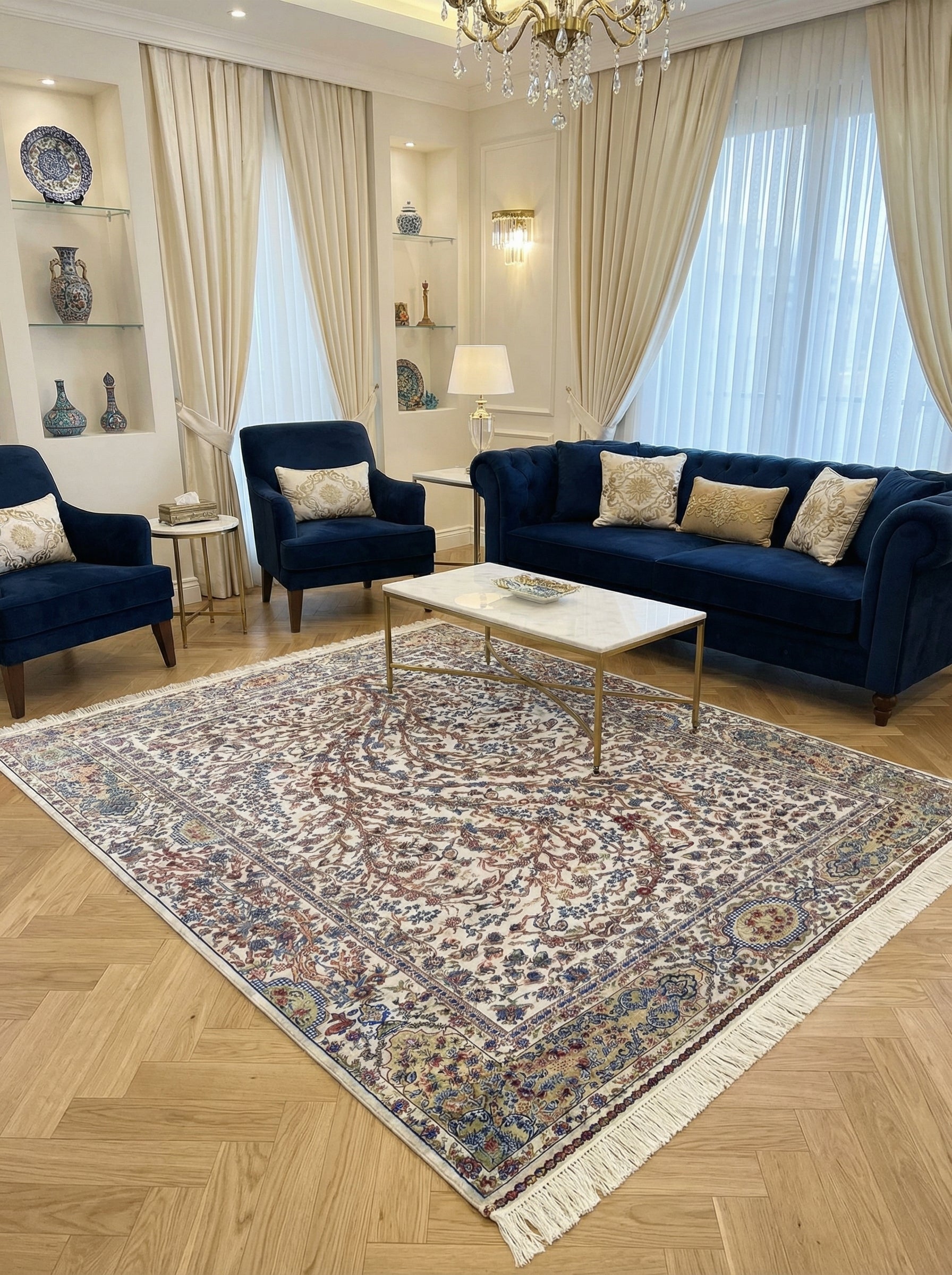 Tapis rectangulaire blanc cassé aux motifs floraux complexes en bleu, rouge et doré, avec franges, sur parquet dans un salon