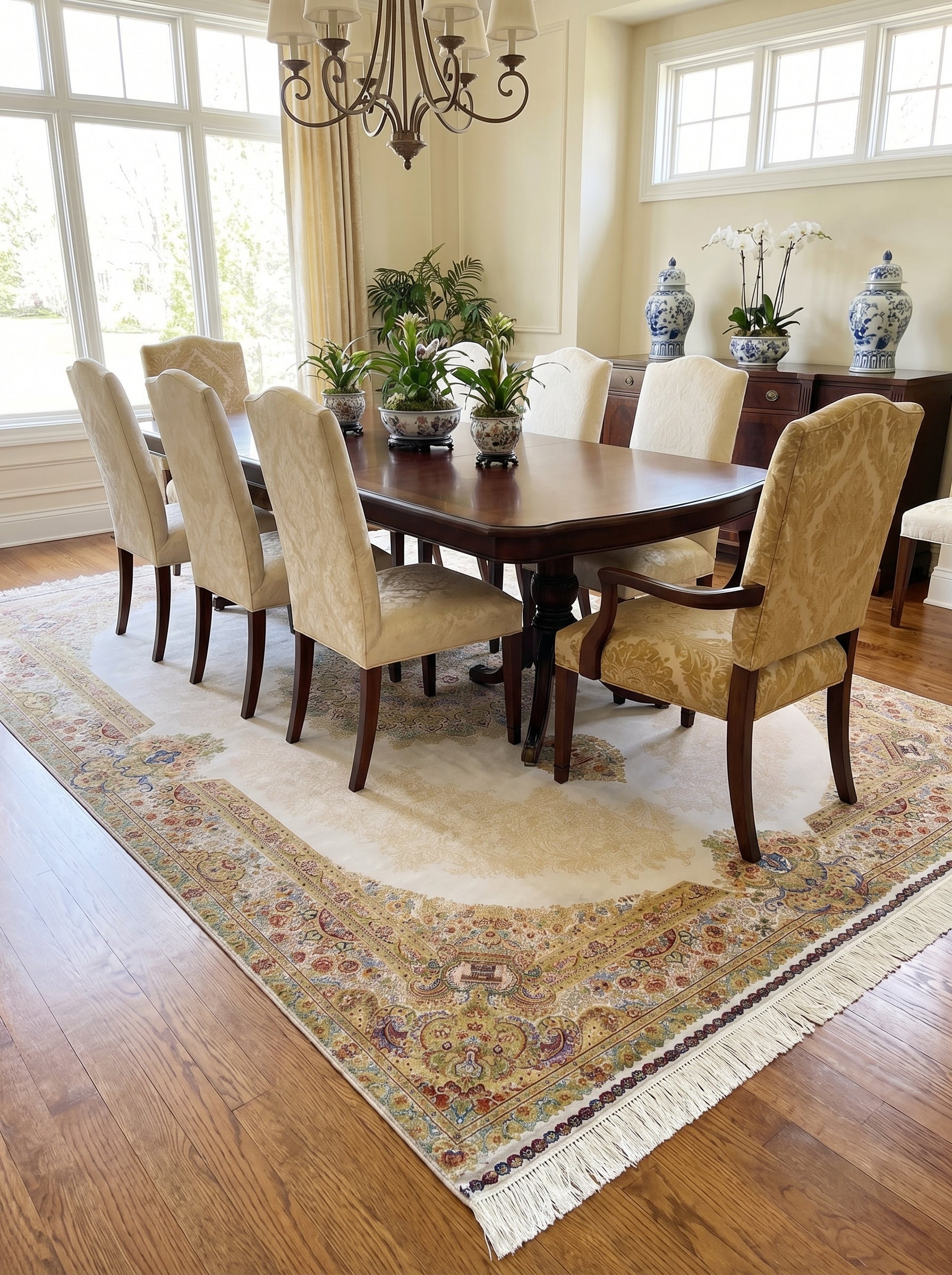 Grand tapis crème à motifs floraux et cachemire multicolores vifs sur une bordure dorée, avec des franges, dans une salle à manger