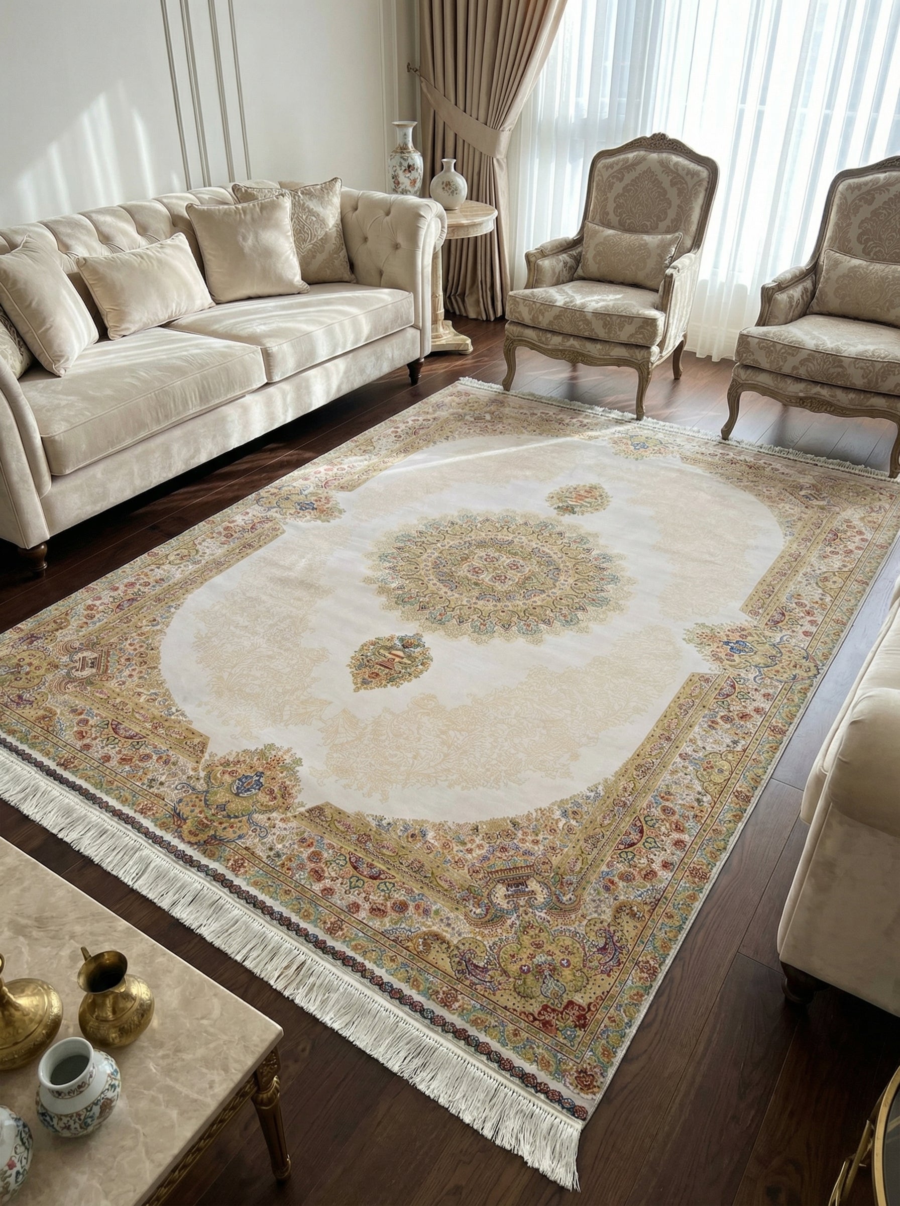 Grand tapis rectangulaire aux motifs orientaux classiques. Son centre crème clair est orné d'un médaillon et de bordures riches en volutes florales multicolores dorées, vertes et rouges, posé dans un salon élégant