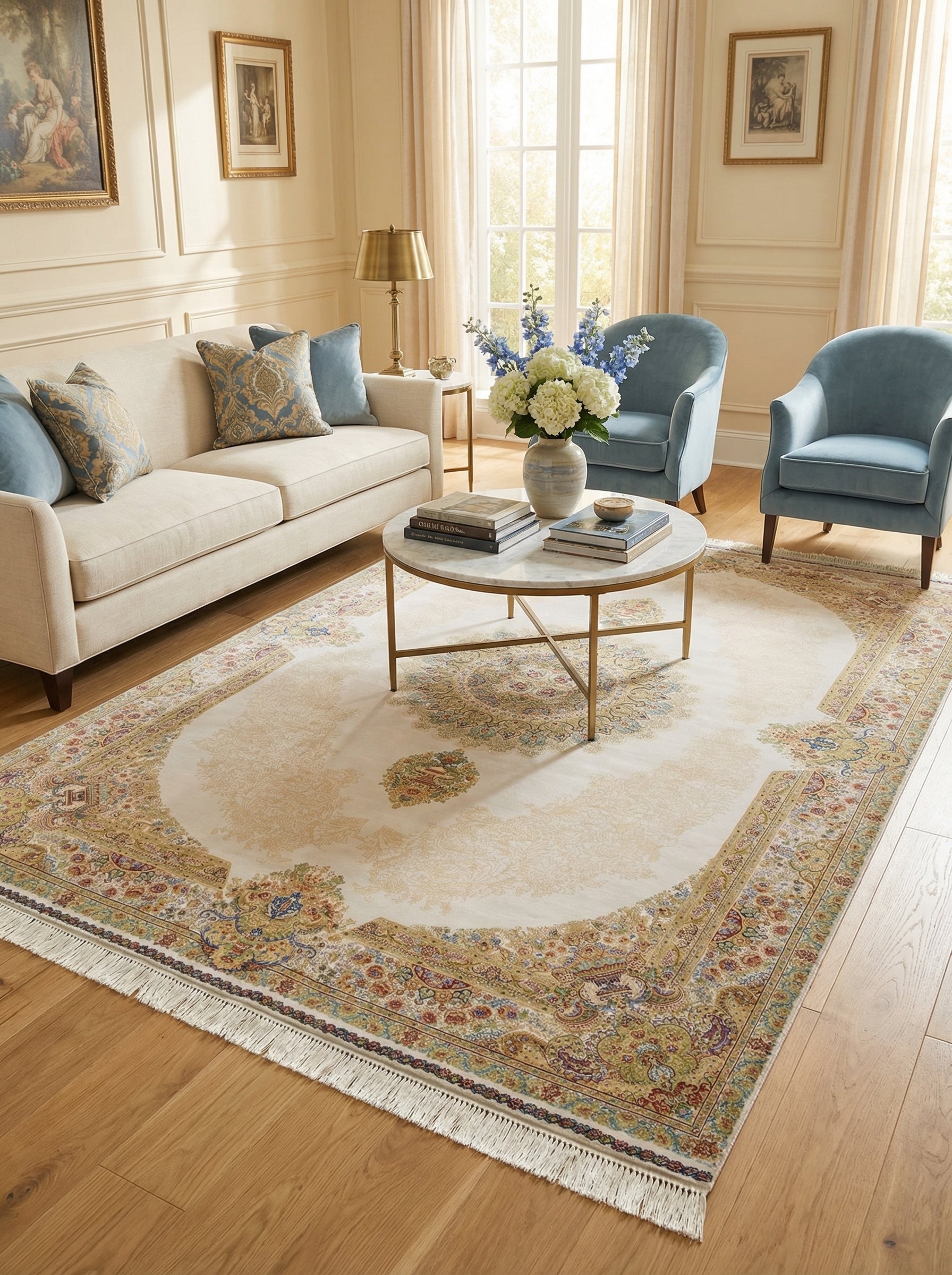 Tapis rectangulaire crème à motifs floraux persans complexes polychromes avec franges, dans un salon élégant