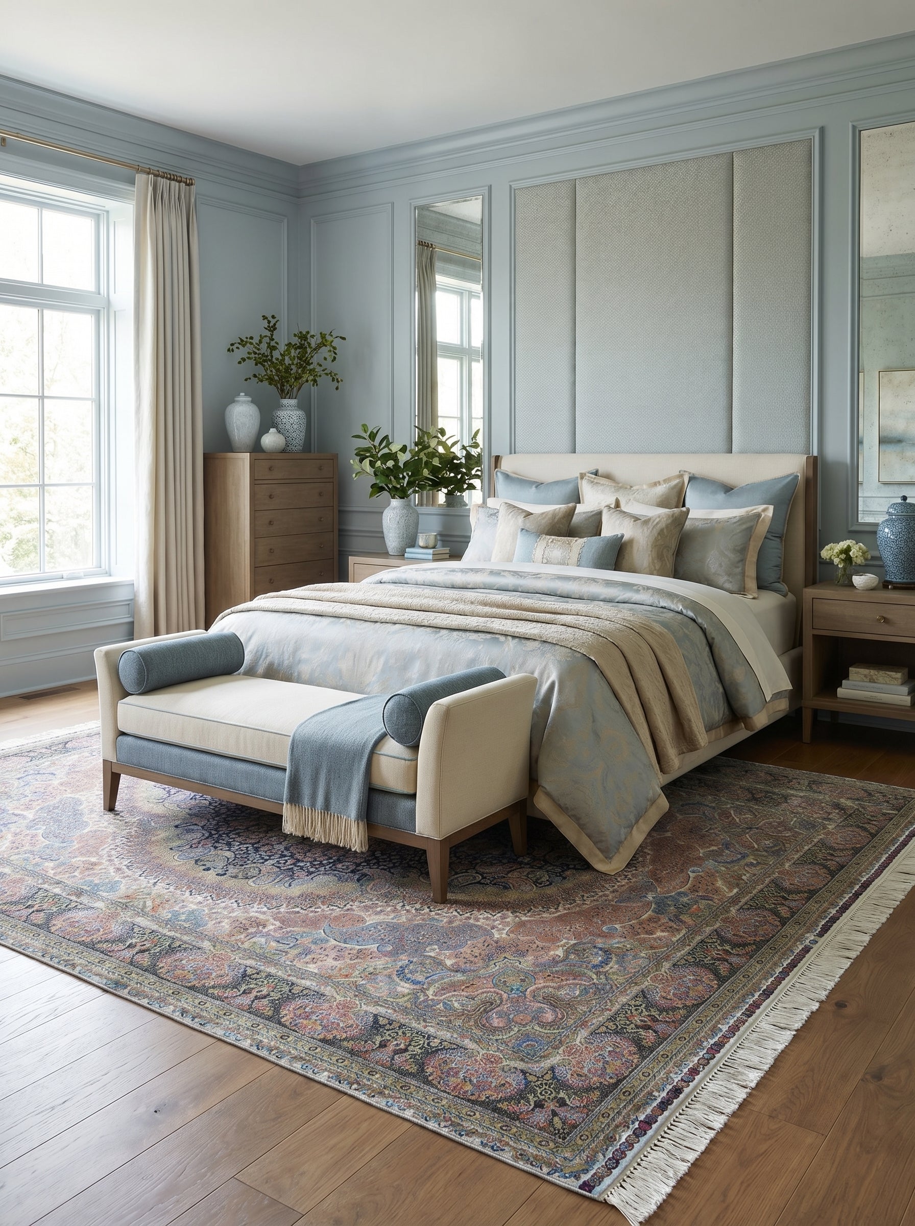 Tapis rectangulaire aux motifs persans complexes rouge terre cuite, bleu profond et beige, avec franges claires, dans une chambre élégante