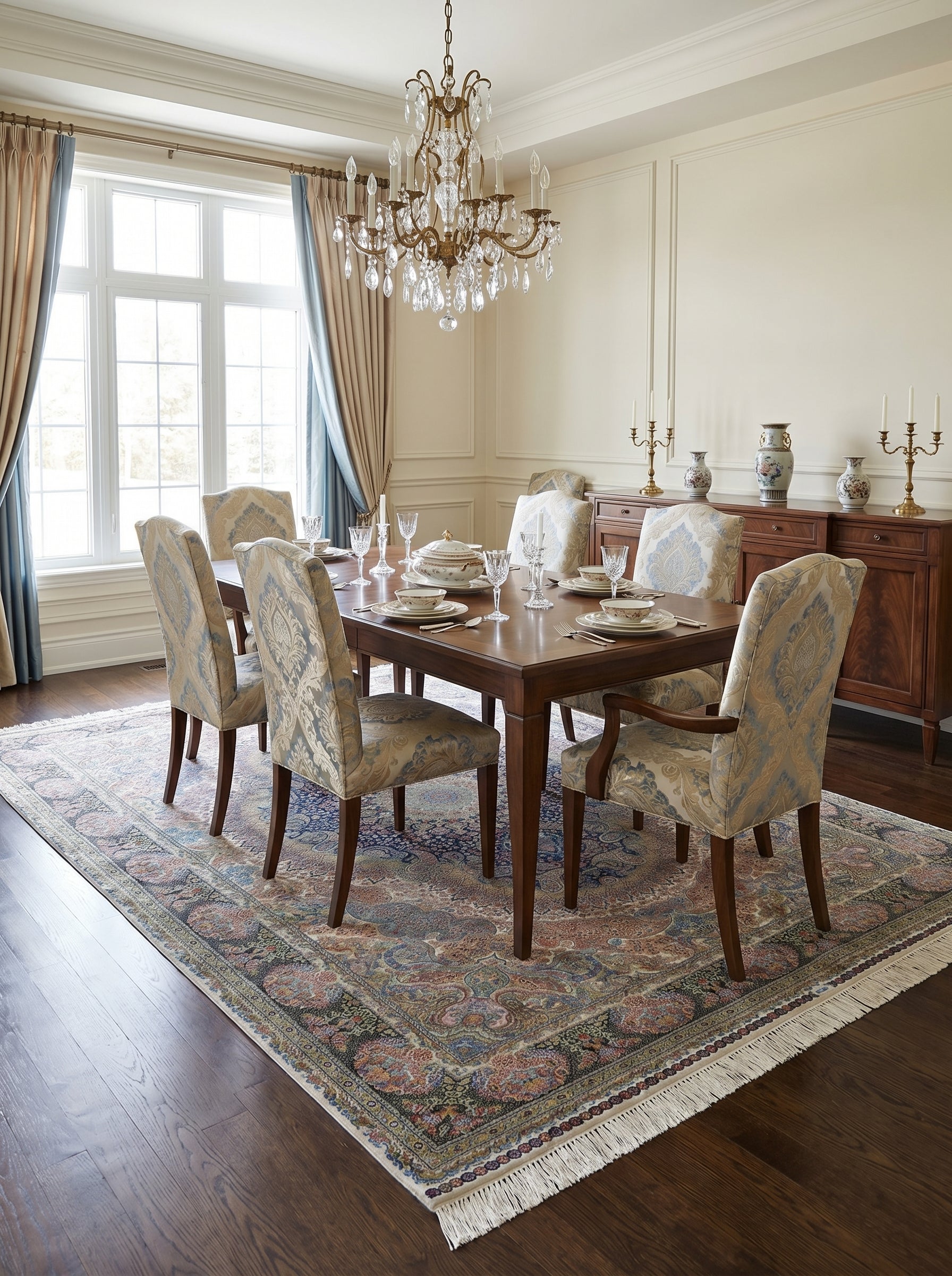 Tapis rectangulaire aux motifs orientaux complexes bleu, rouge, crème et or avec franges, sous une table de salle à manger