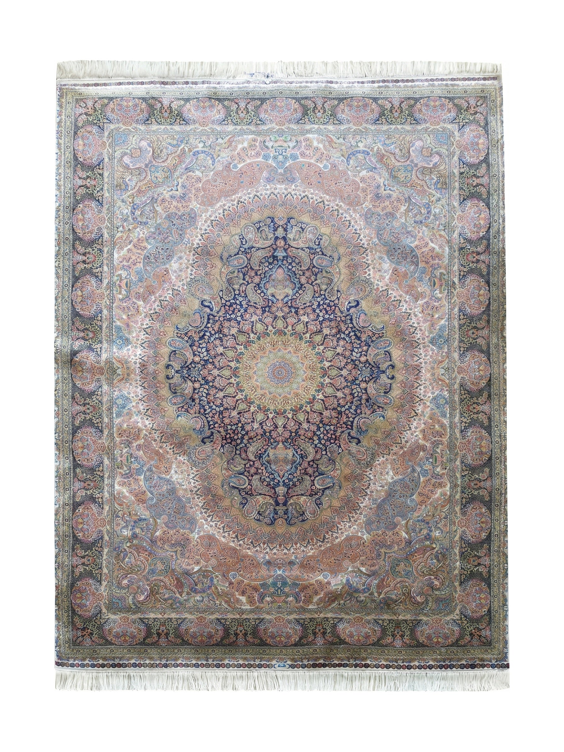 Tapis rectangulaire aux motifs floraux et cachemire complexes, médaillon central, franges. Couleurs vives: bleu, crème, orange, rose et vert