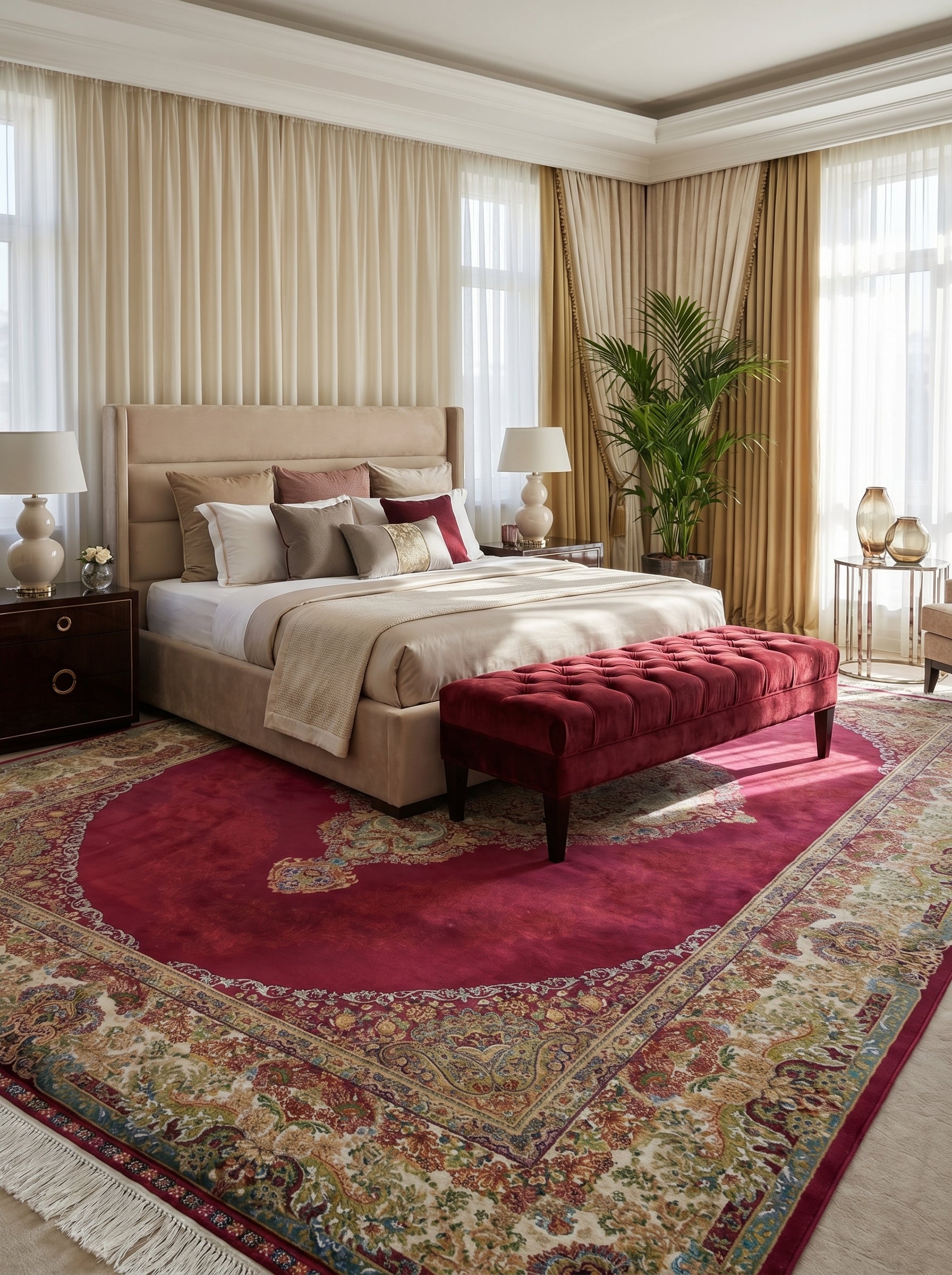 Tapis rectangulaire bordeaux, bordure beige et or aux motifs floraux et arabesques colorés, dans une chambre élégante