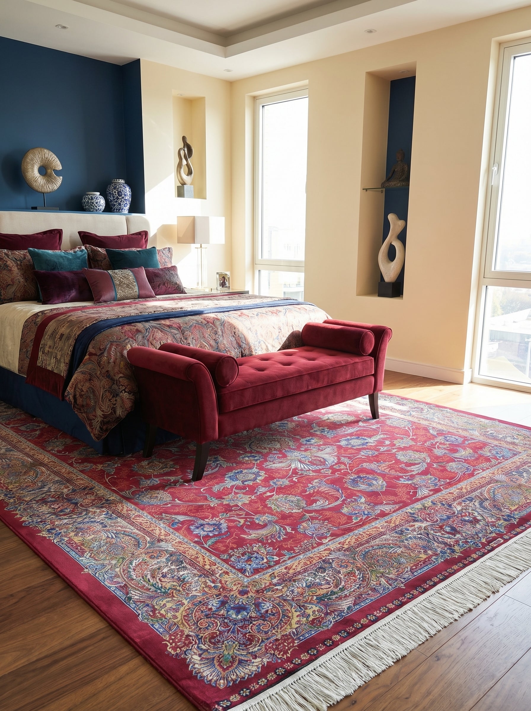 Grand tapis rectangulaire rouge bordeaux aux motifs floraux détaillés bleus, dorés et crème, avec franges, posé sur un parquet dans une chambre élégante