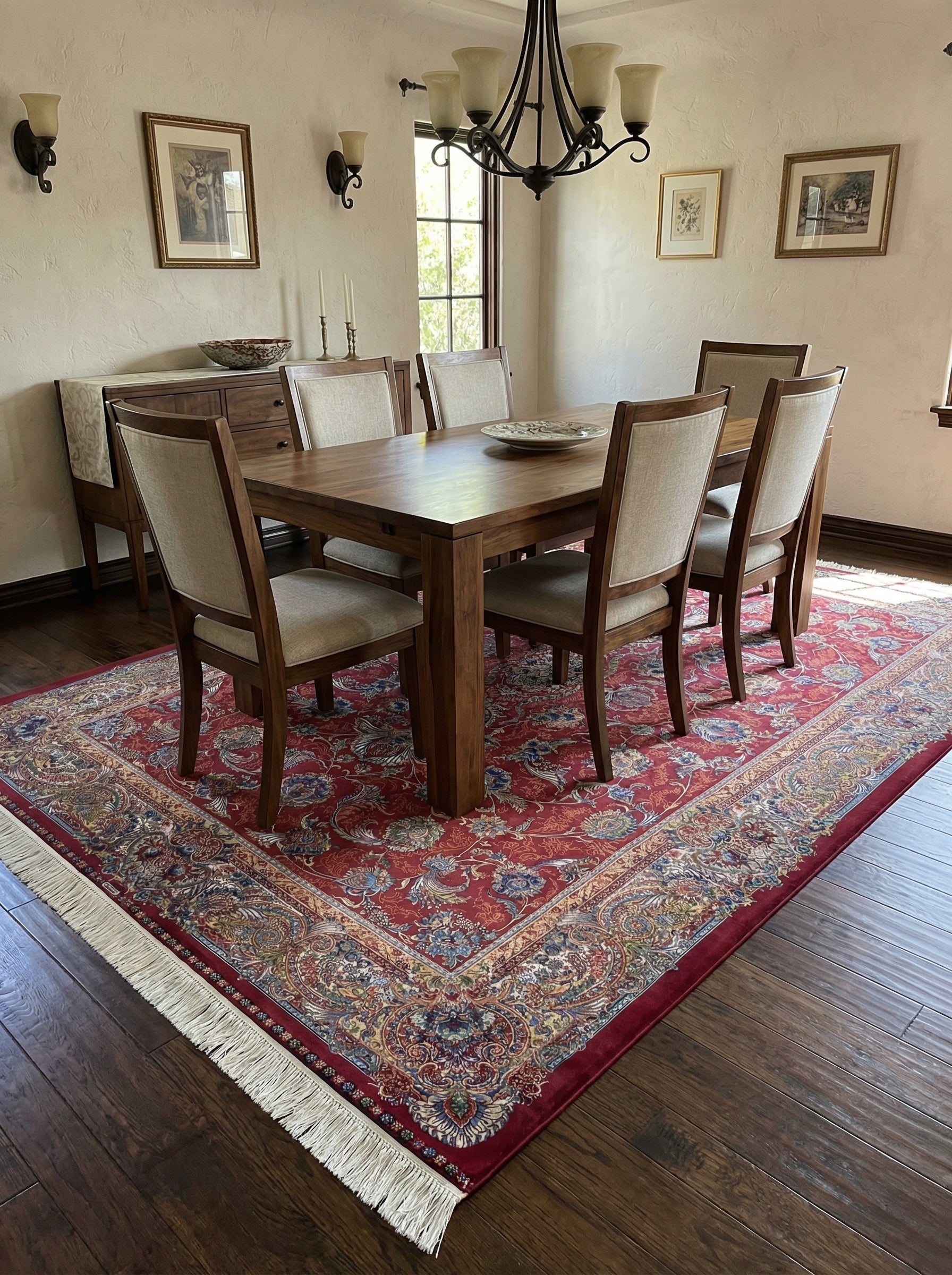Tapis rectangulaire rouge profond aux motifs floraux et cachemire multicolores complexes, avec des franges claires, dans une salle à manger