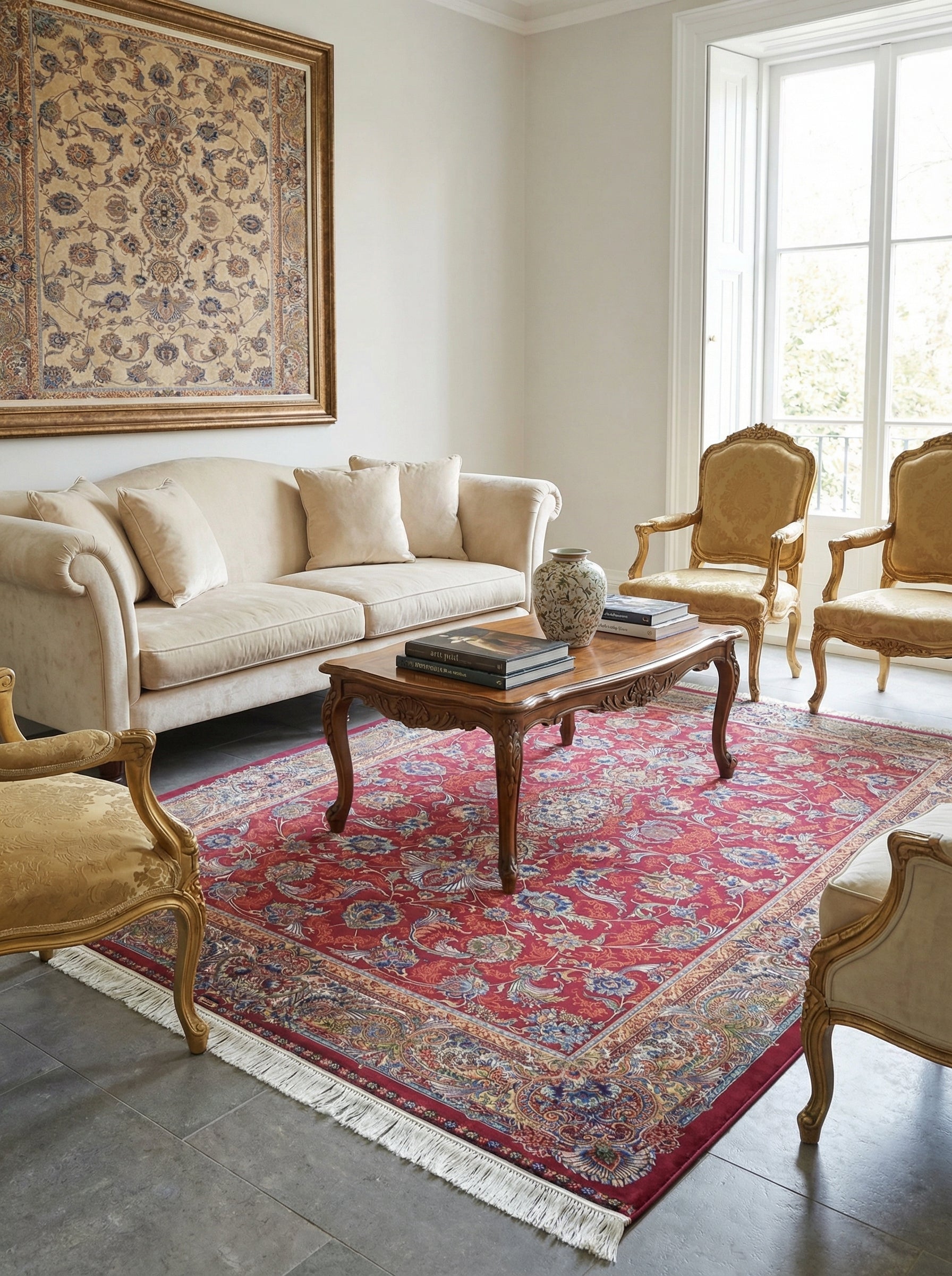 Tapis rouge bordeaux rectangulaire aux motifs floraux et arabesques bleus, or et crème, avec franges, dans un salon élégant