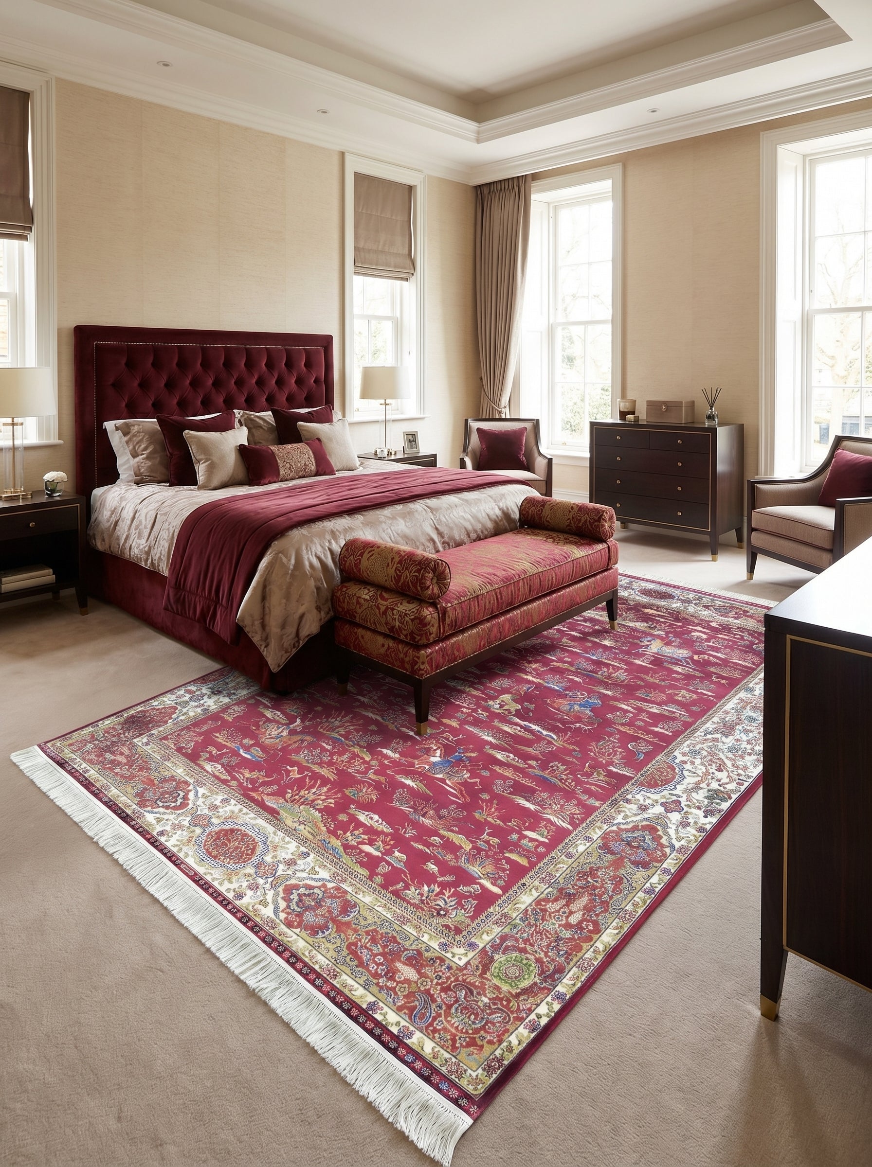 Tapis rectangulaire rouge bordeaux aux motifs orientaux détaillés d'oiseaux et de végétaux, bordure crème, posé dans une chambre luxueuse