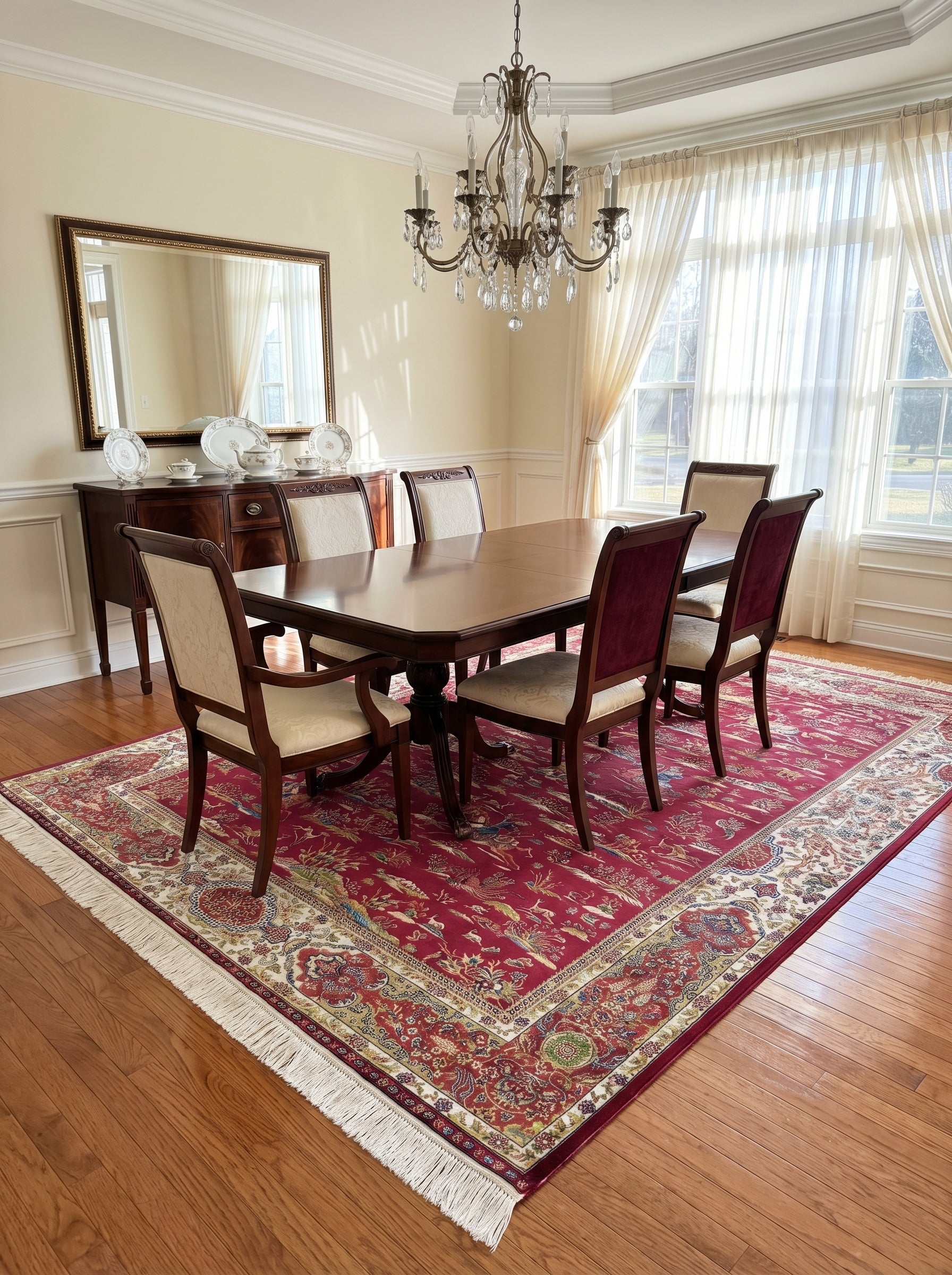 Tapis persan rouge carmin à motifs d'oiseaux et de fleurs, bordure crème ornée, franges blanches, posé sur un parquet dans une salle à manger