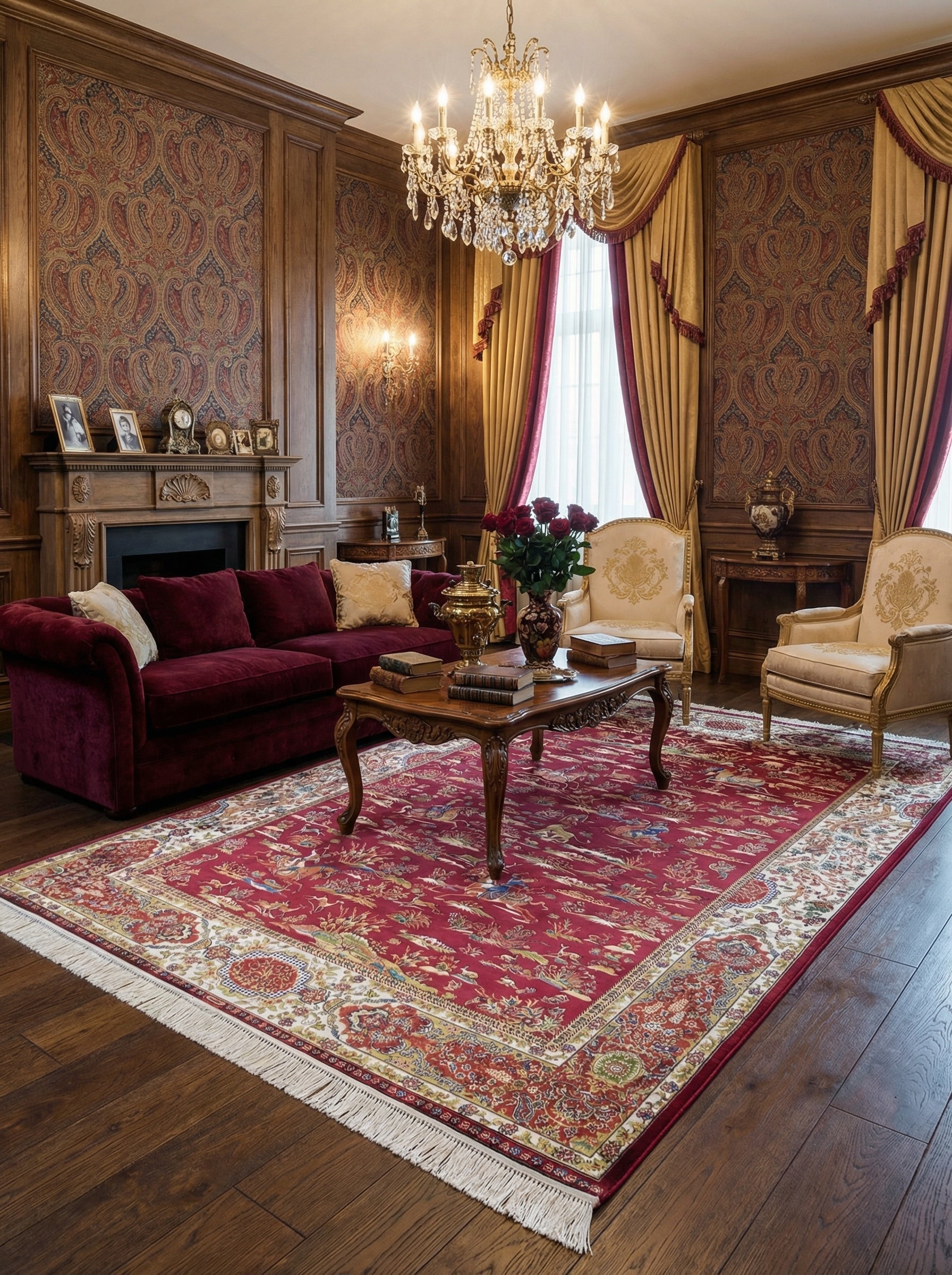 Tapis rectangulaire rouge grenat à motifs d'oiseaux et paysages, bordure crème et or, franges, dans un salon opulent