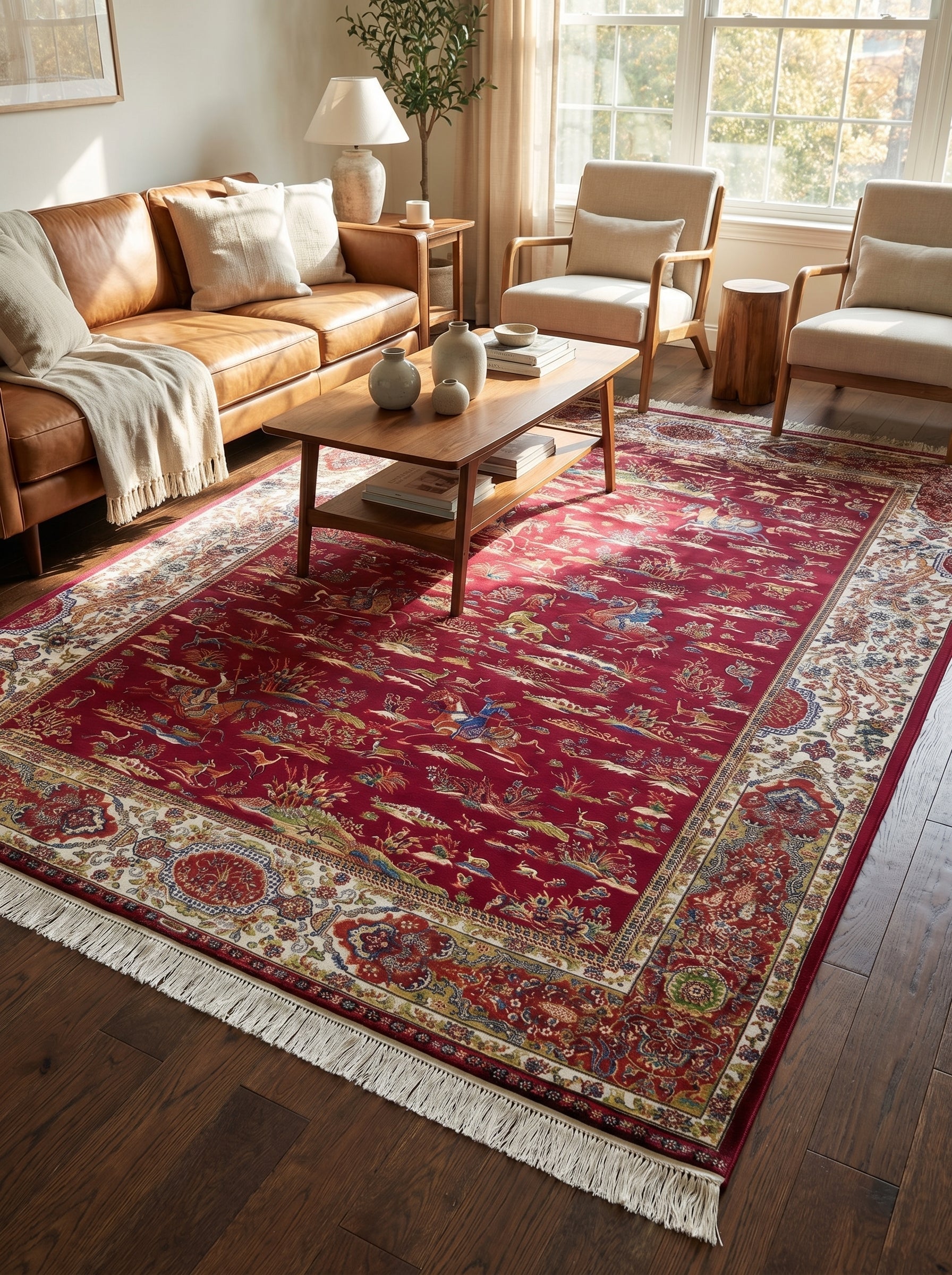Tapis rectangulaire rouge profond orné de scènes de chasse et animaux colorés, large bordure crème florale avec franges, dans un salon