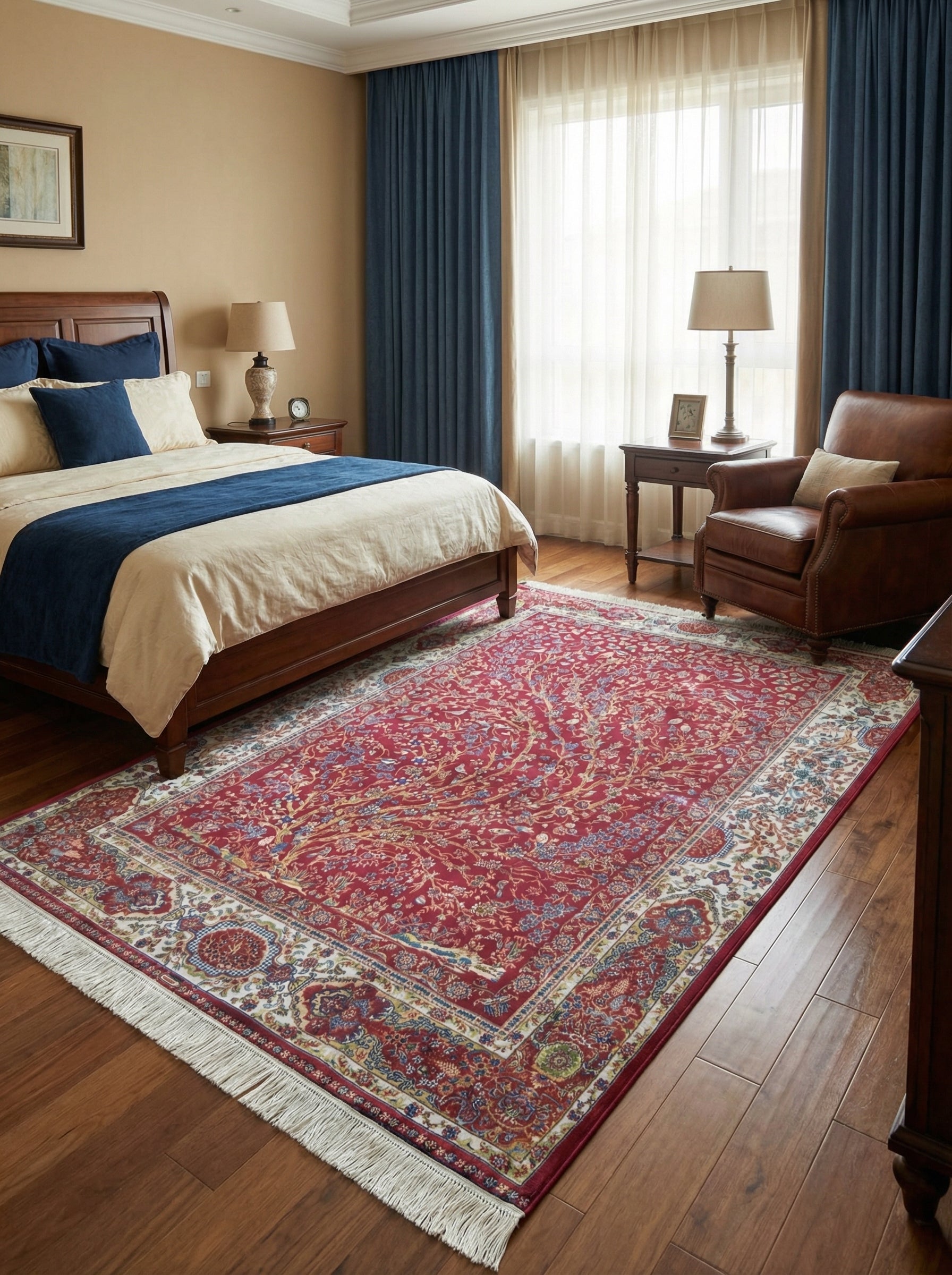 Tapis persan rectangulaire rouge bordeaux aux motifs floraux bleus et or, bordure crème et franges, dans une chambre