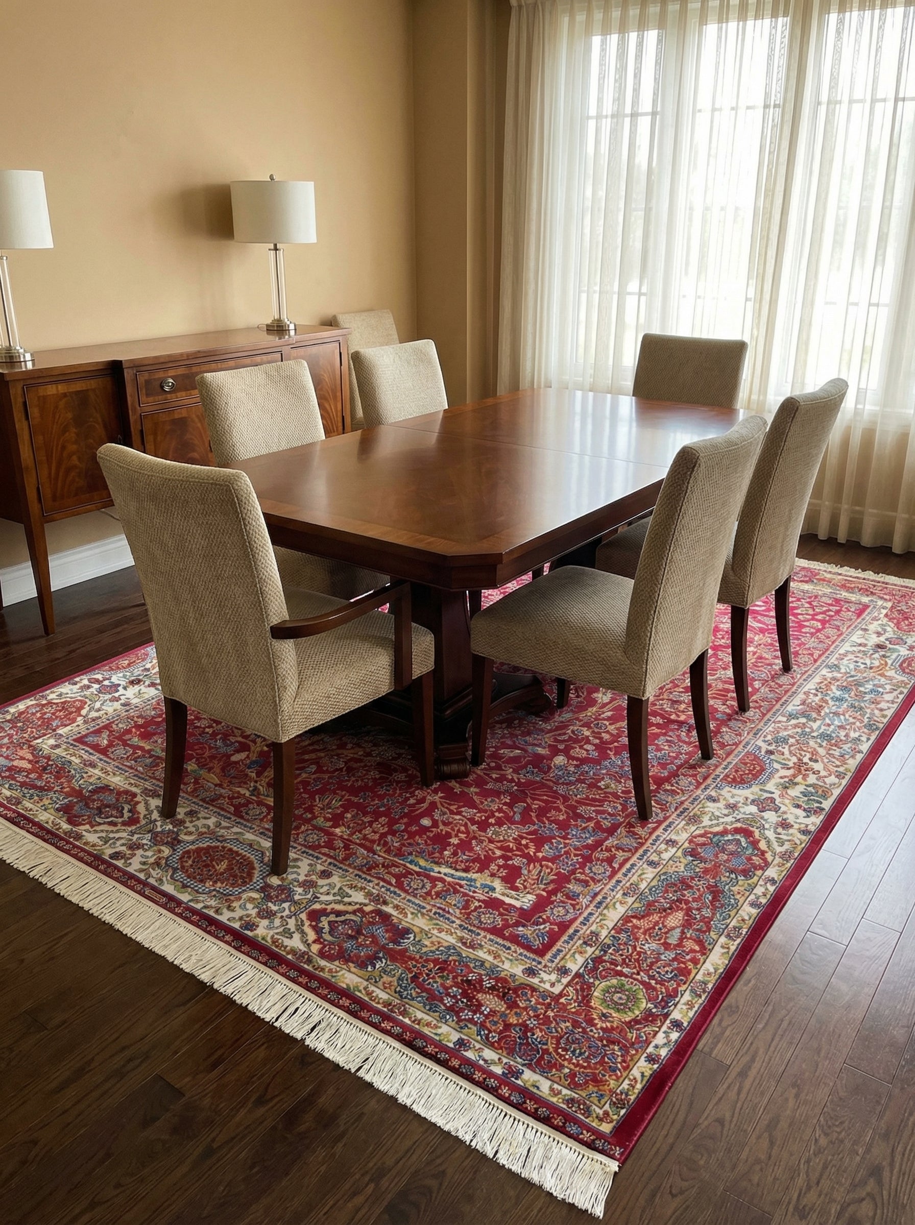Tapis rectangulaire rouge à motifs floraux et arabesques, bordure crème et franges, dans une salle à manger
