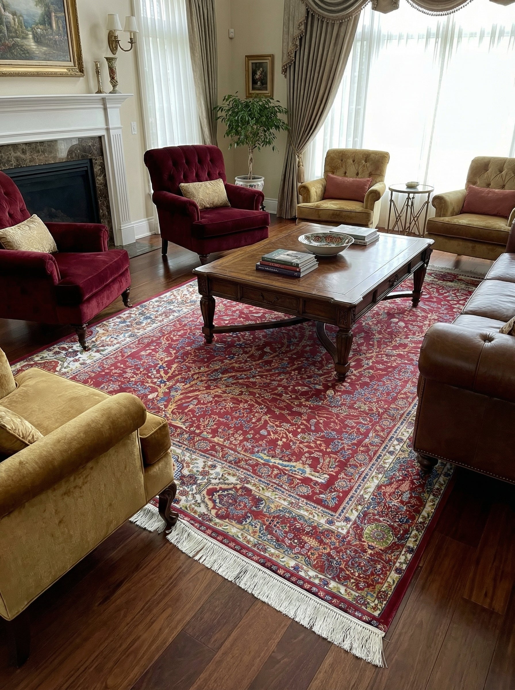 Tapis rectangulaire rouge bordeaux aux motifs floraux et végétaux complexes en bleu, crème et or, avec des franges claires, posé sur un parquet dans un salon élégant