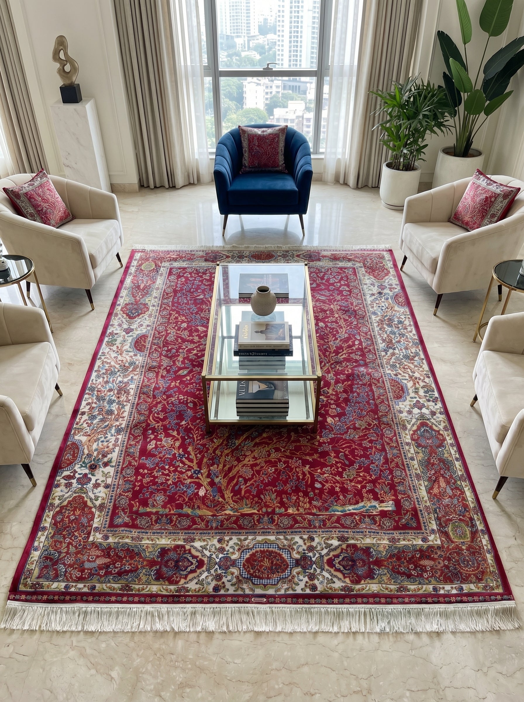 Grand tapis persan rectangulaire rouge grenat aux motifs floraux et animaux, bordure claire, dans un salon lumineux
