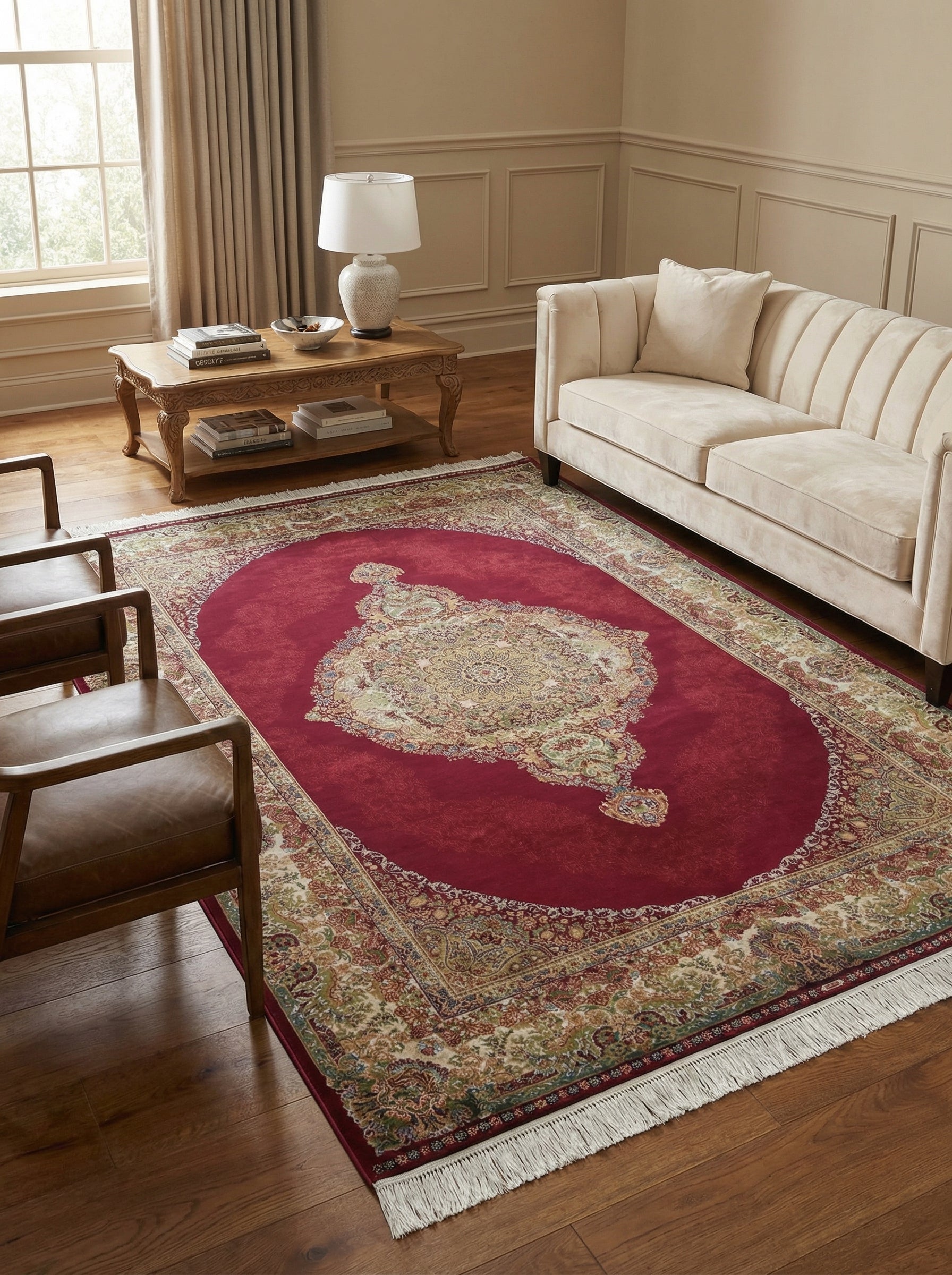 Tapis rectangulaire bordeaux à motifs floraux et médaillon central doré, bordures crème et vertes, dans un salon élégant
