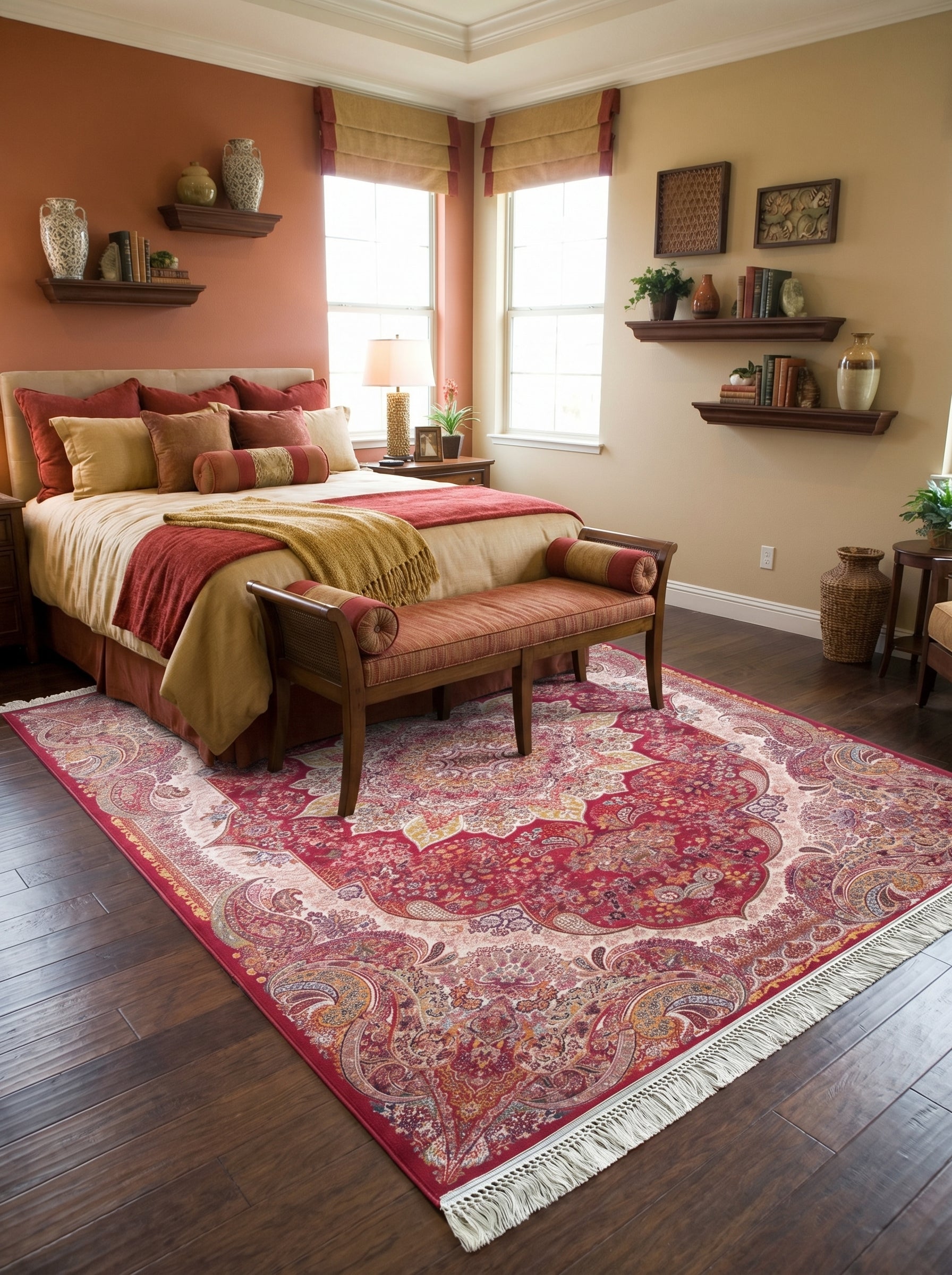 Tapis rectangulaire rouge à motifs cachemire et floraux beiges et dorés, avec franges, posé sur parquet sombre dans une chambre chaleureuse
