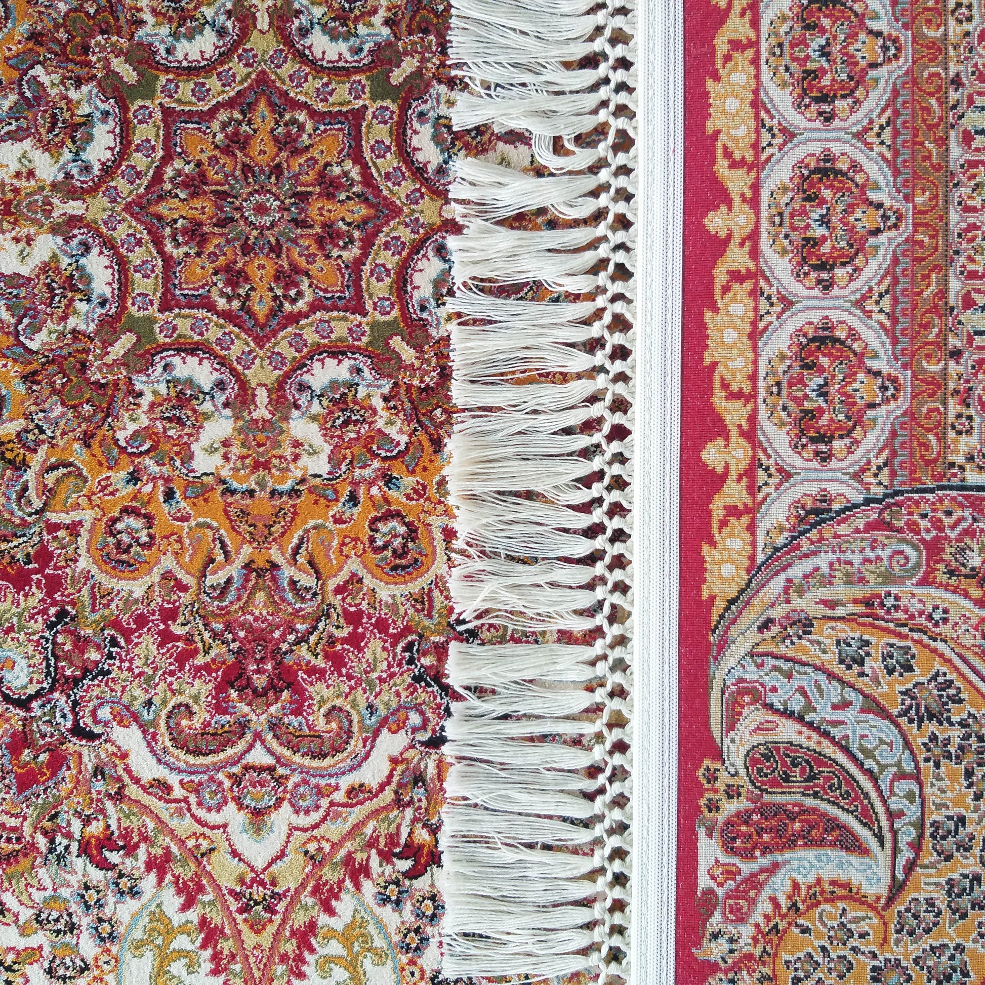 Gros plan sur un tapis aux motifs complexes rouges, orange et crème, avec une bordure riche et des franges blanches apparentes