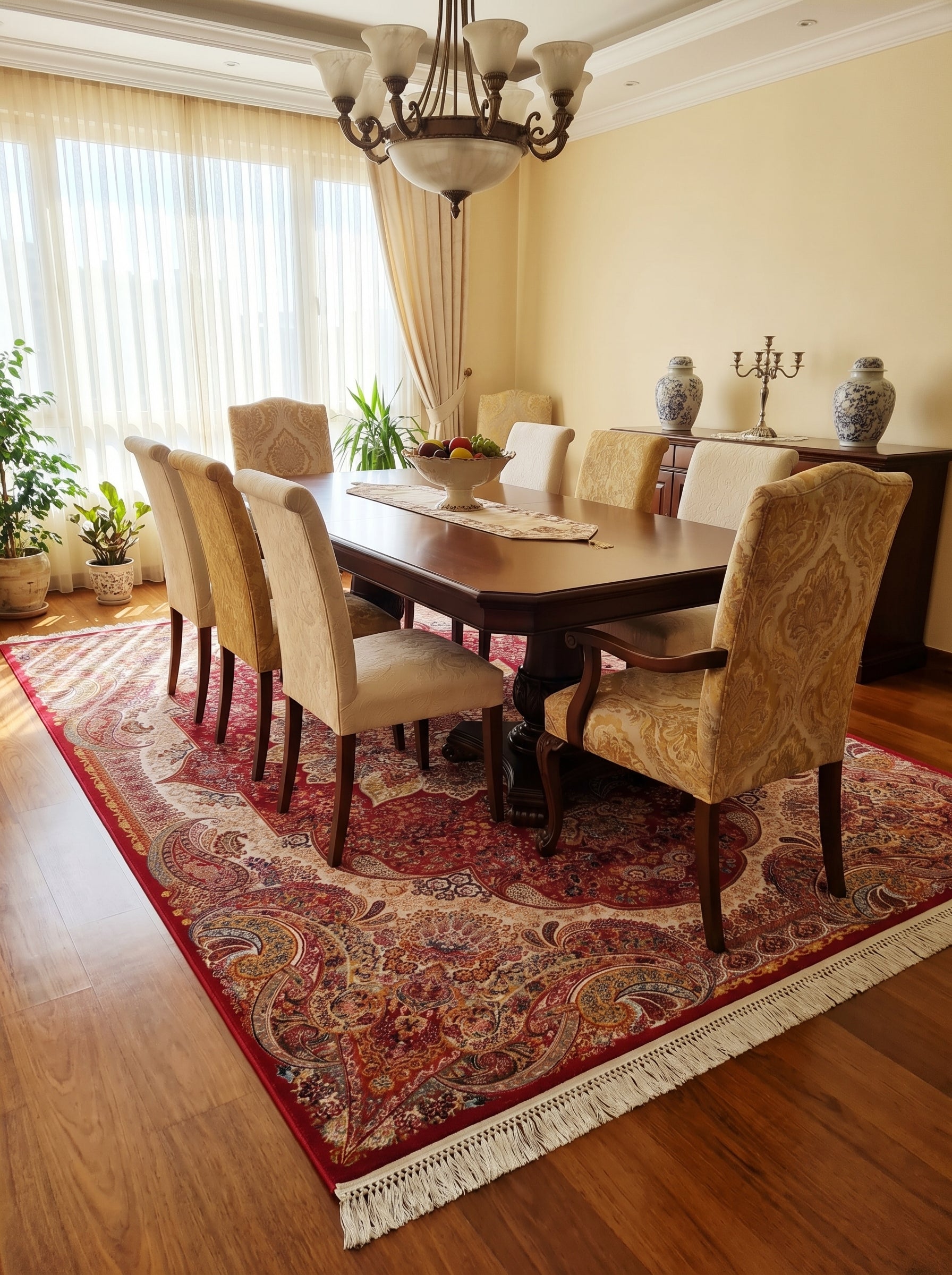 Tapis rectangulaire rouge bordeaux aux motifs cachemire et floraux complexes en crème, or et bleu, avec franges. Il est posé dans une salle à manger