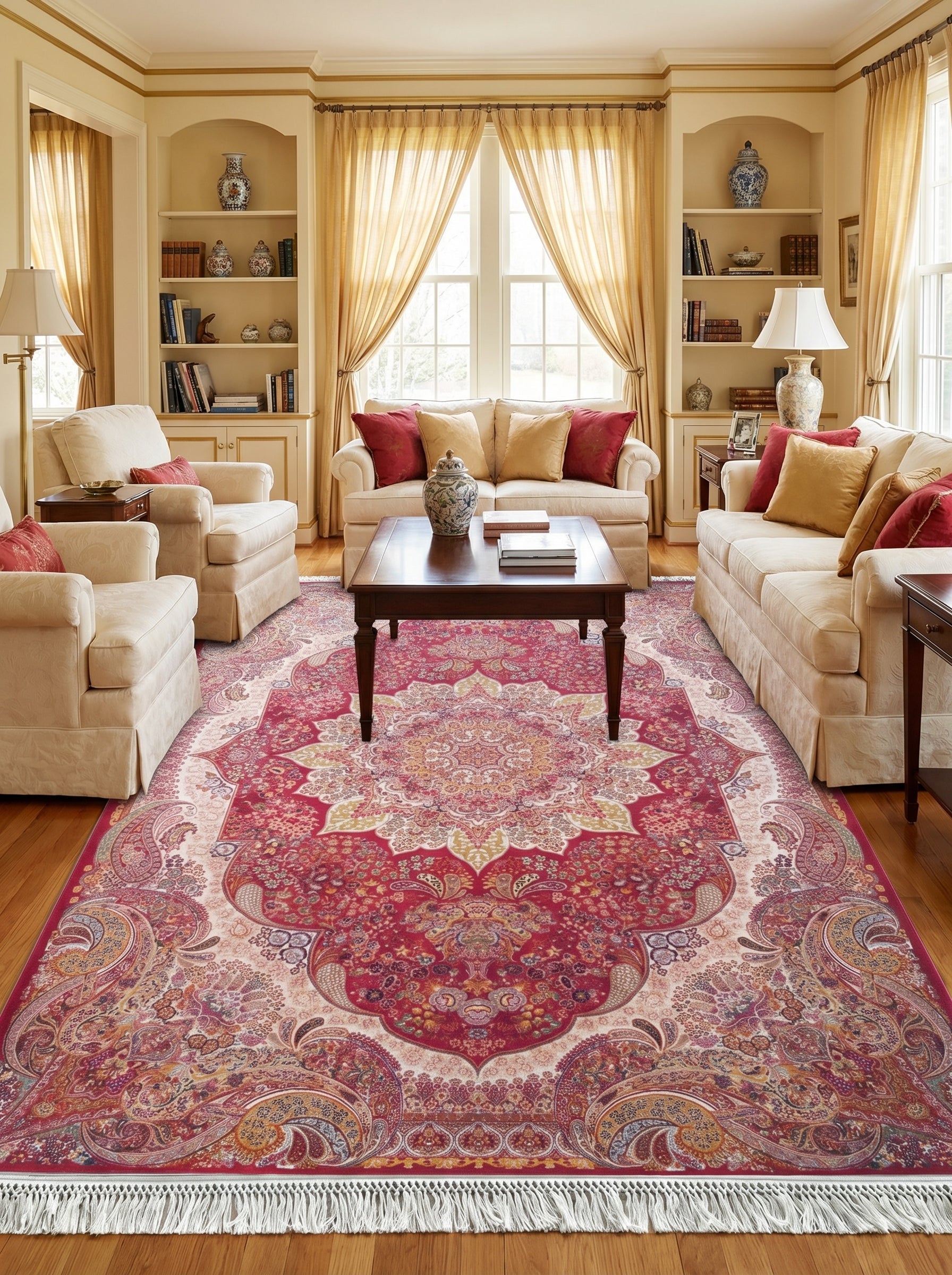 Tapis rouge cramoisi et crème orné de motifs floraux et paisley complexes, avec médaillon central et franges, dans un salon