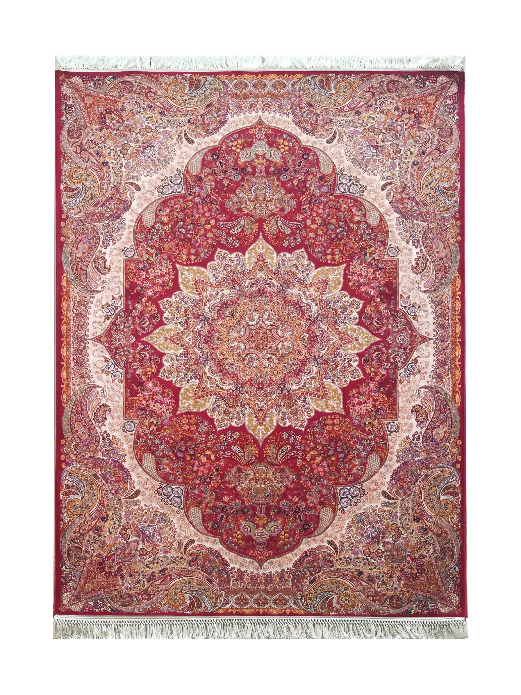 Tapis bordeaux orné de motifs floraux complexes et d'un grand médaillon central aux couleurs crème, or et bleu, bordé de franges claires