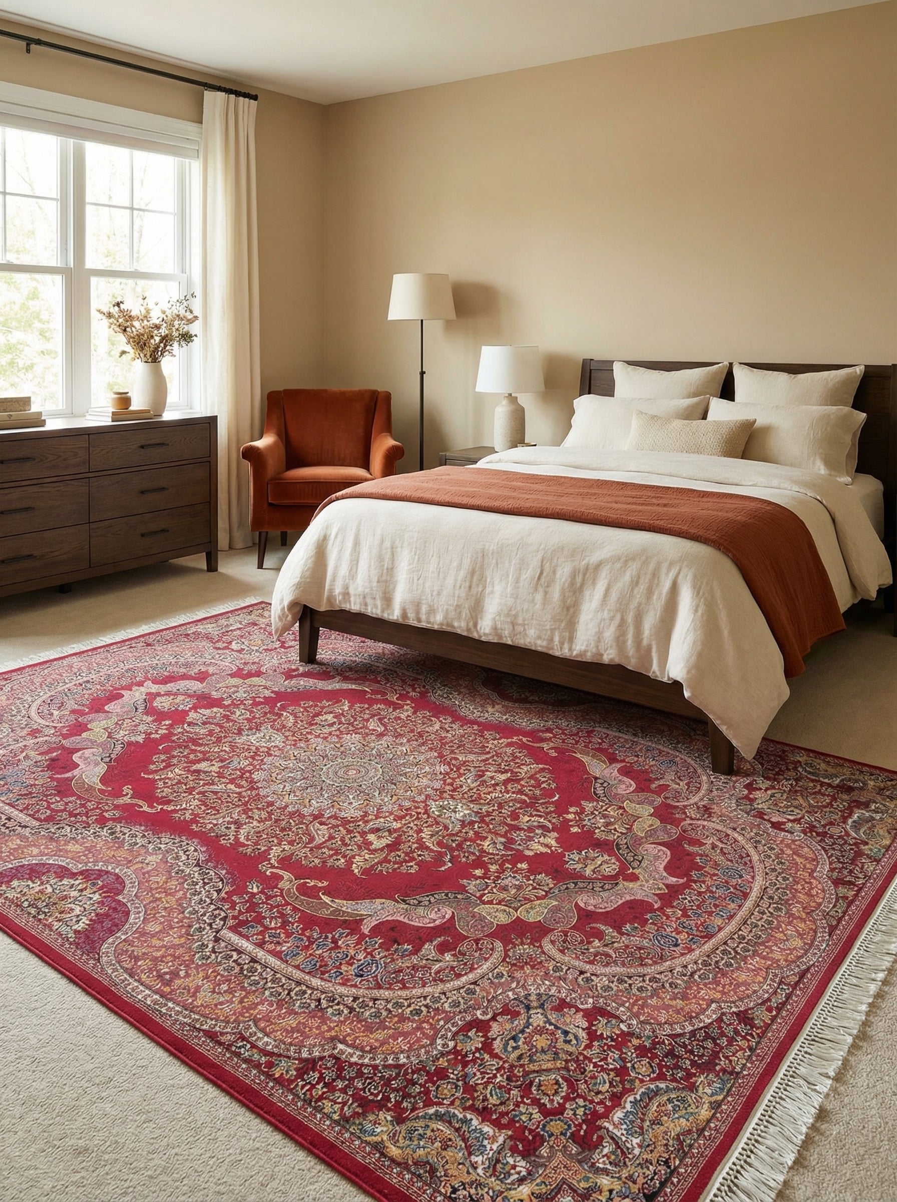 Grand tapis rectangulaire rouge orné de motifs floraux et cachemire en crème, doré, bleu, avec franges, dans une chambre