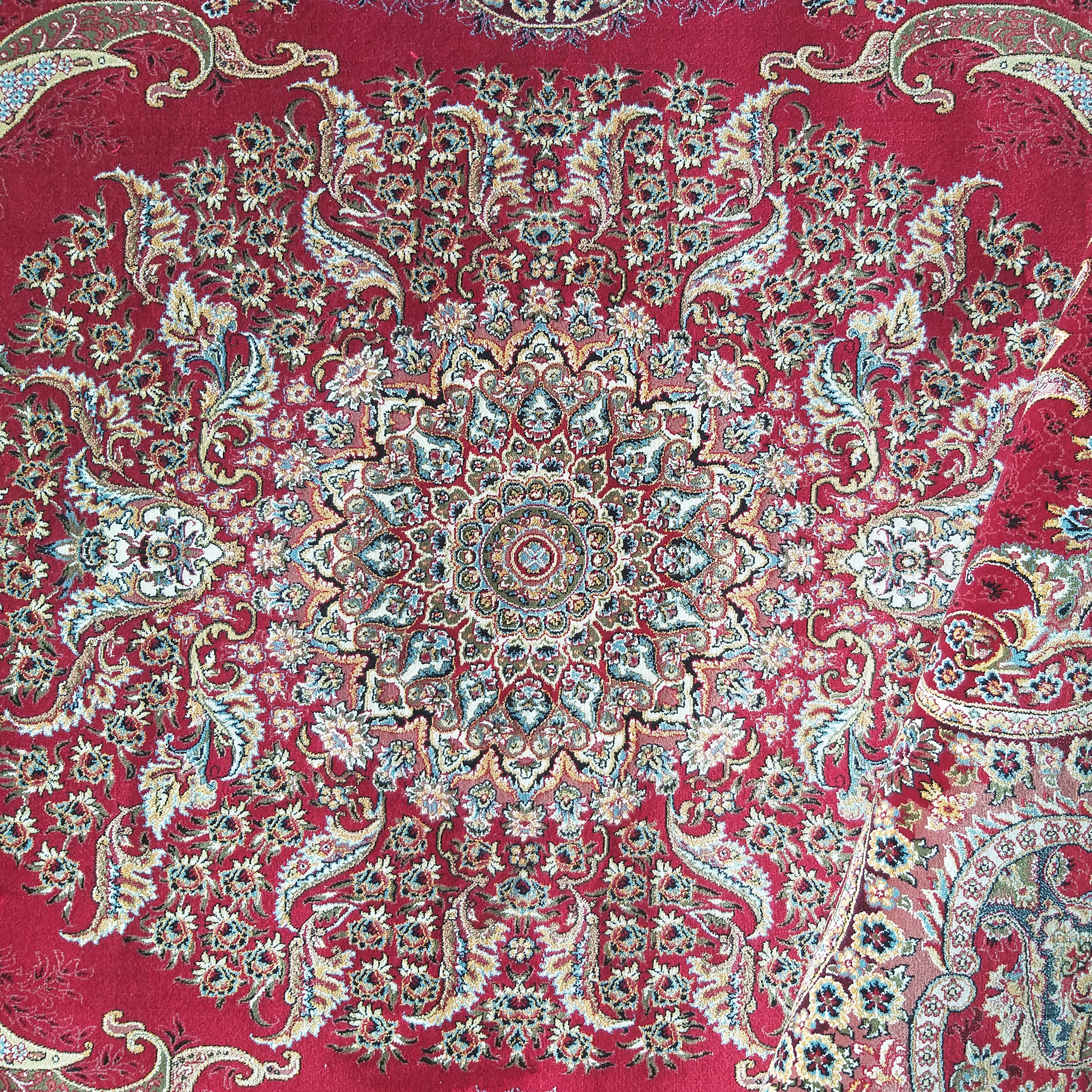Tapis persan rouge avec un motif floral complexe au centre, orné de motifs cachemire dorés, bleus et verts
